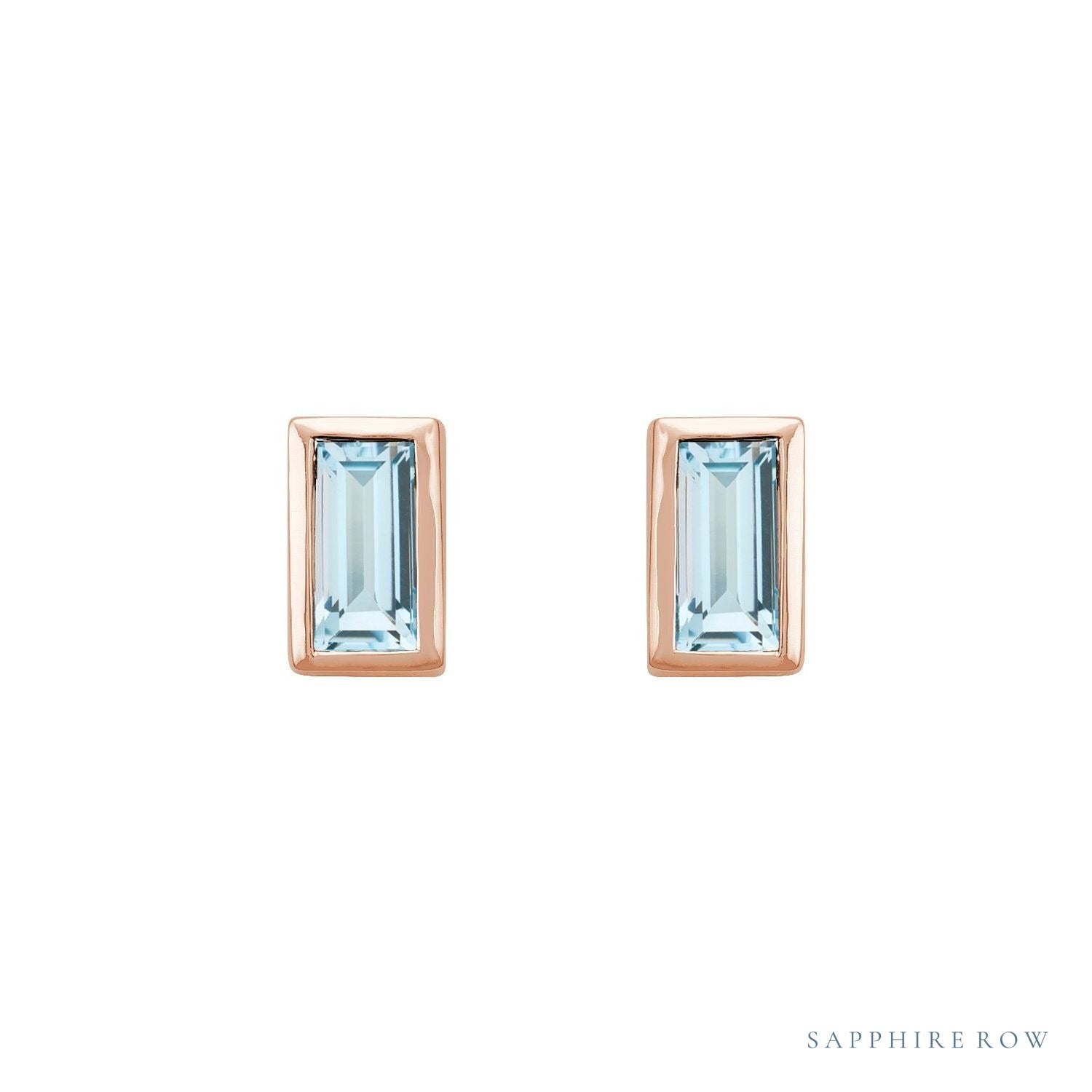 Sapphire Row Natural Gemstone Baguette Studs - Sky Blue Topaz, 14K Rose Gold (view 2)