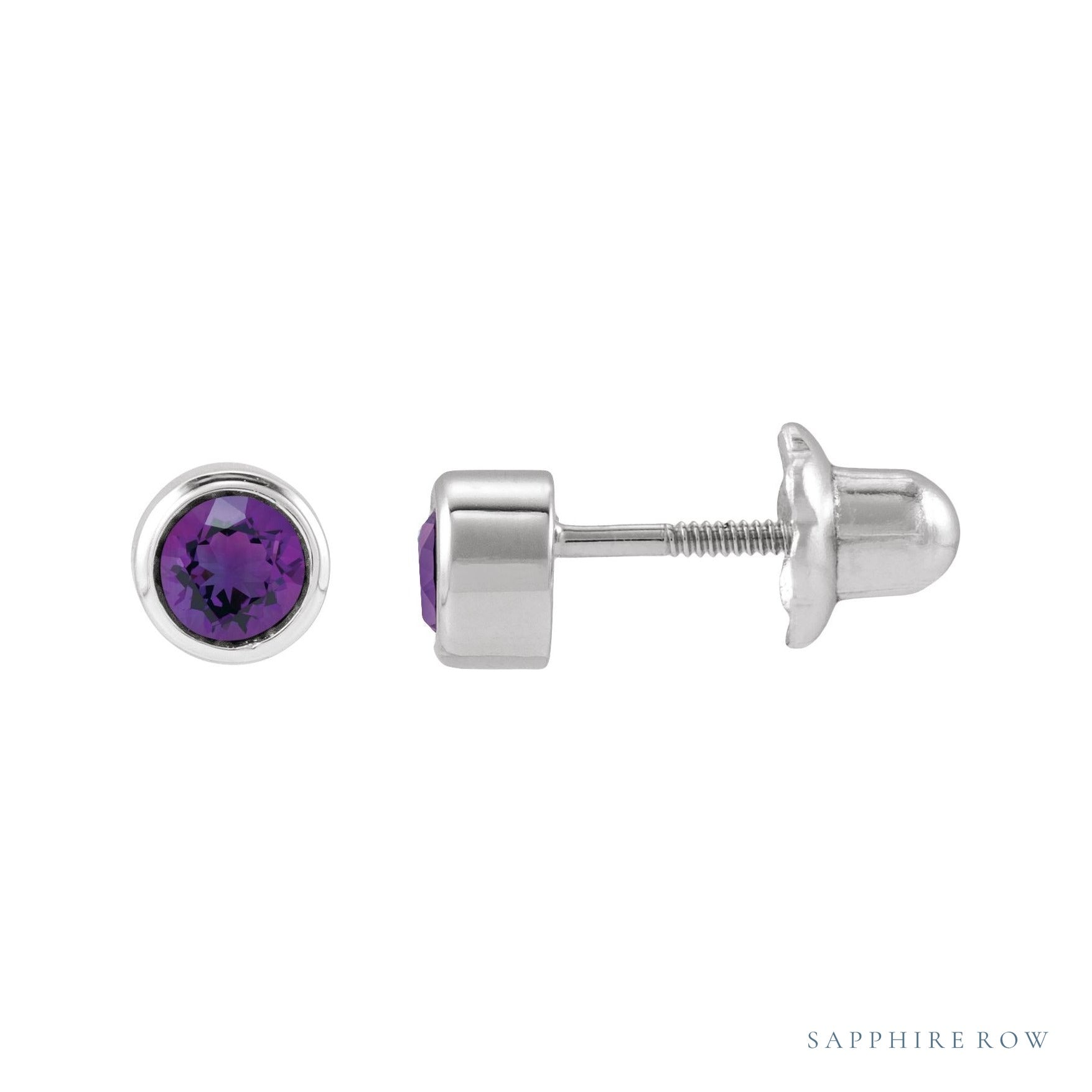 Sapphire Row Children's Natural Birthstone Screwback Studs - Amethyst, 14K White Gold