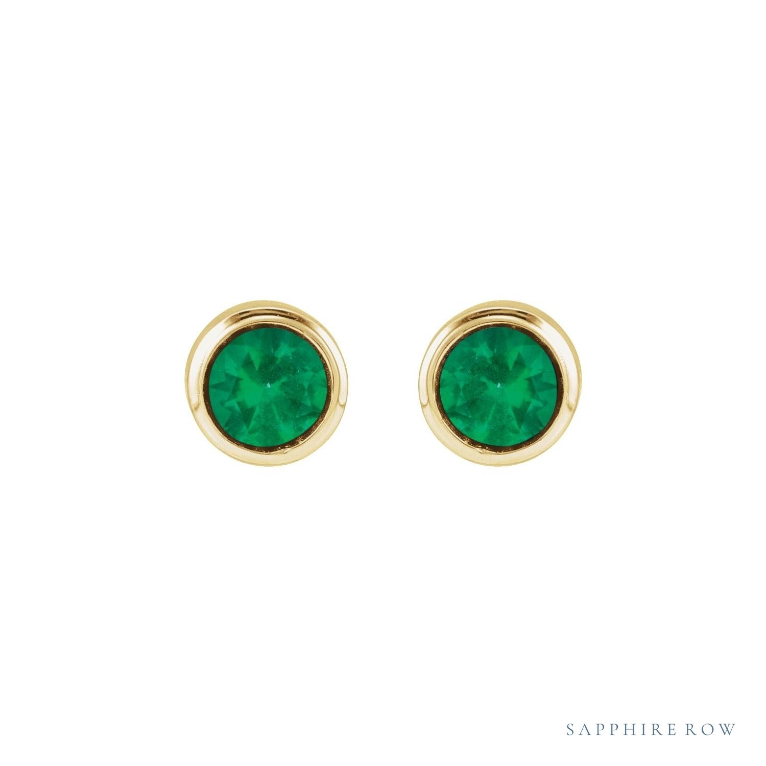 Sapphire Row Children's Natural Birthstone Screwback Studs - Emerald, 14K Yellow Gold (view 2)