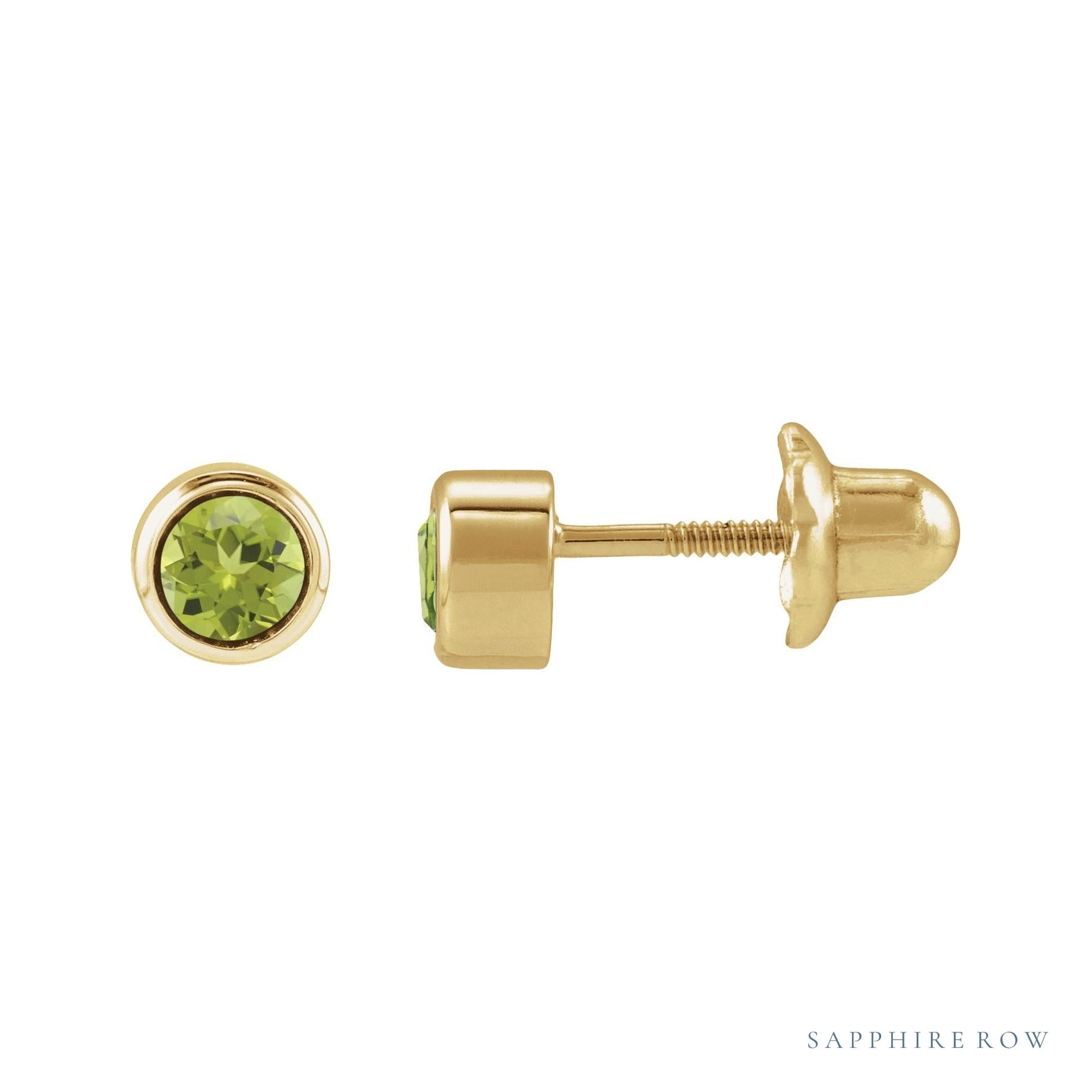 Sapphire Row Children's Natural Birthstone Screwback Studs - Peridot, 14K Yellow Gold