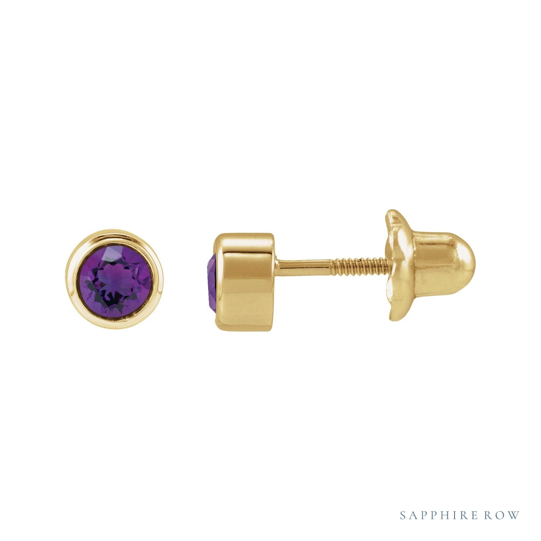 Sapphire Row Children's Natural Birthstone Screwback Studs - Amethyst, 14K Yellow Gold