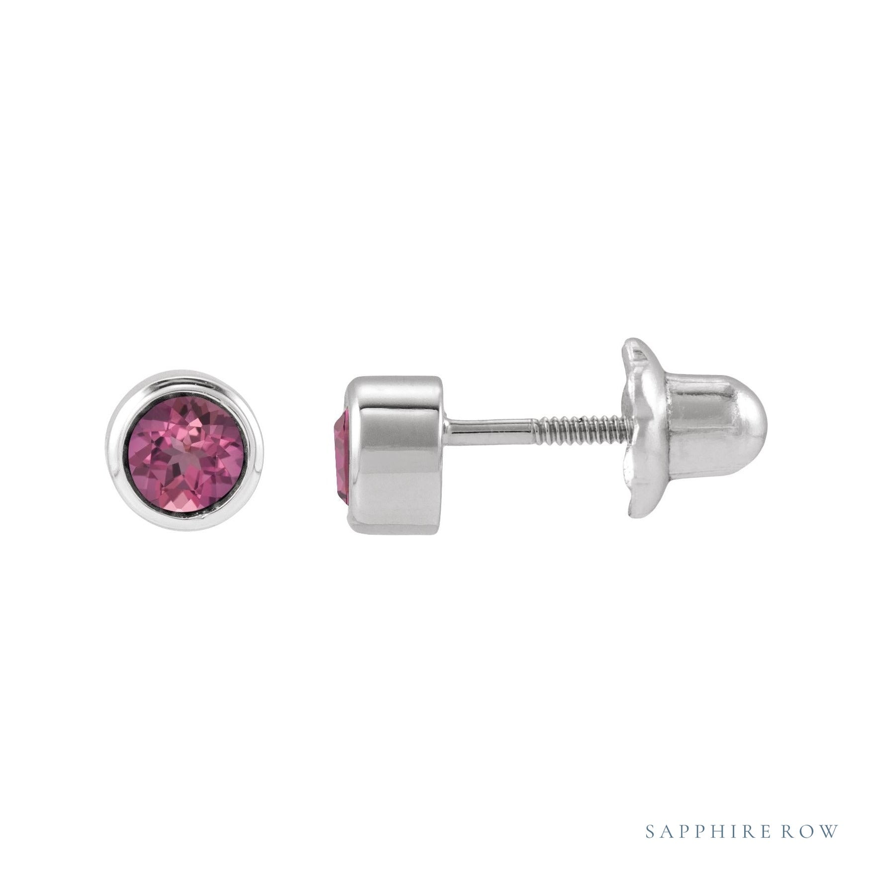 Sapphire Row Children's Natural Birthstone Screwback Studs - Pink Tourmaline, 14K White Gold