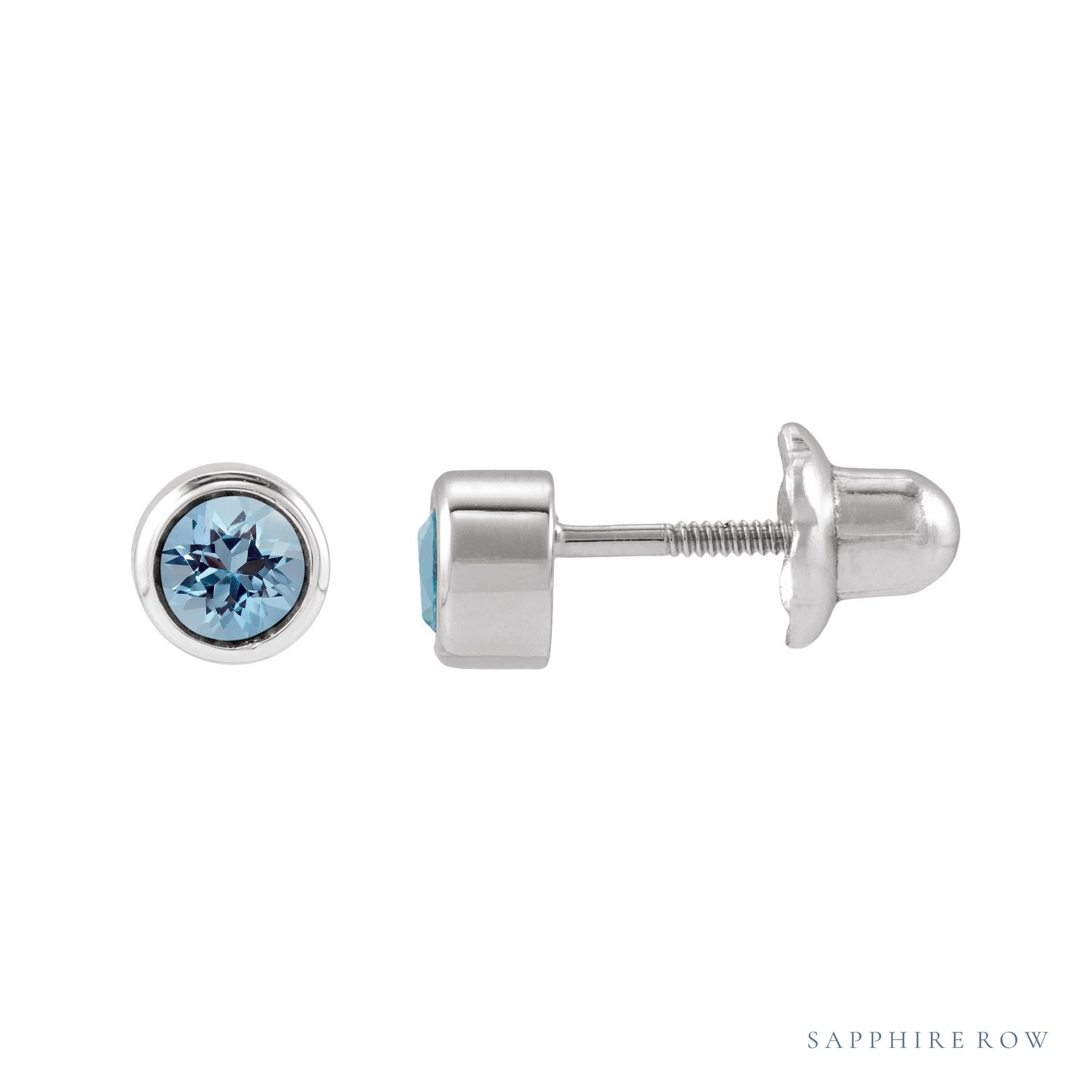 Sapphire Row Children's Natural Birthstone Screwback Studs - Aquamarine, 14K White Gold