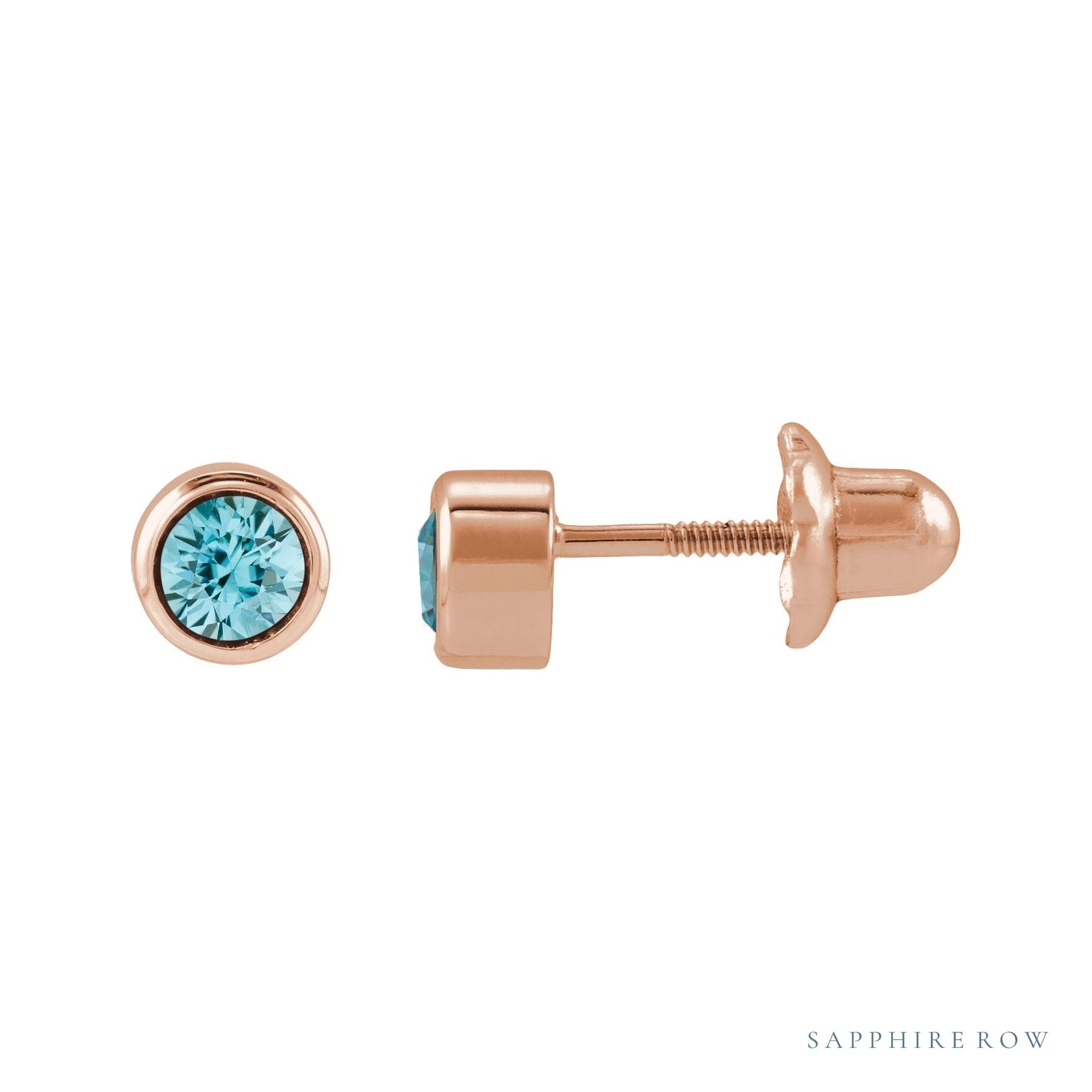 Sapphire Row Children's Natural Birthstone Screwback Studs - Blue Zircon, 14K Rose Gold