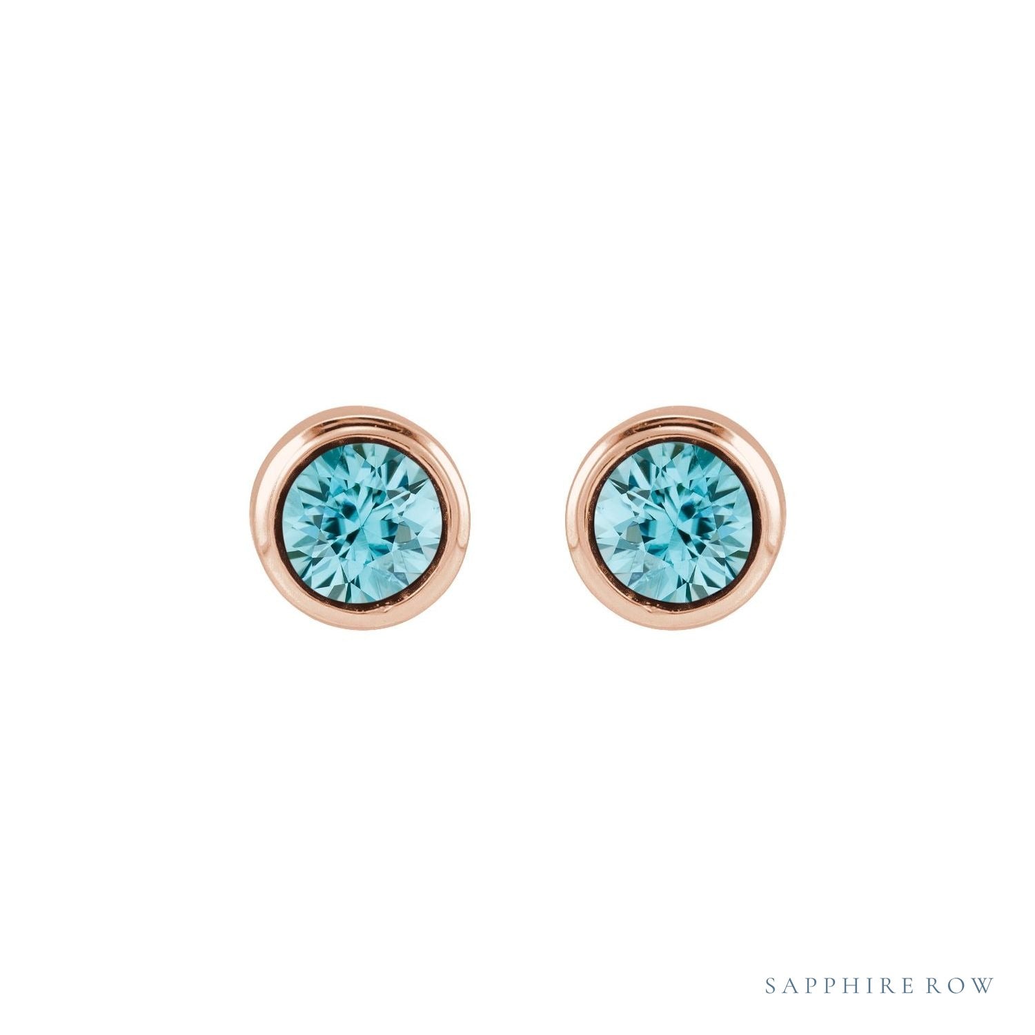 Sapphire Row Children's Natural Birthstone Screwback Studs - Blue Zircon, 14K Rose Gold (view 2)