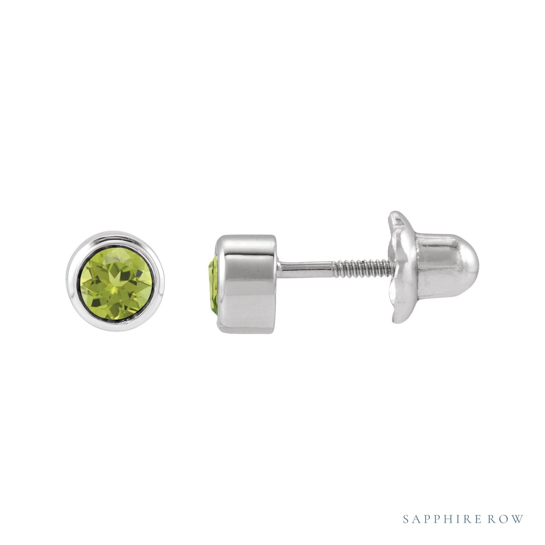 Sapphire Row Children's Natural Birthstone Screwback Studs - Peridot, 14K White Gold