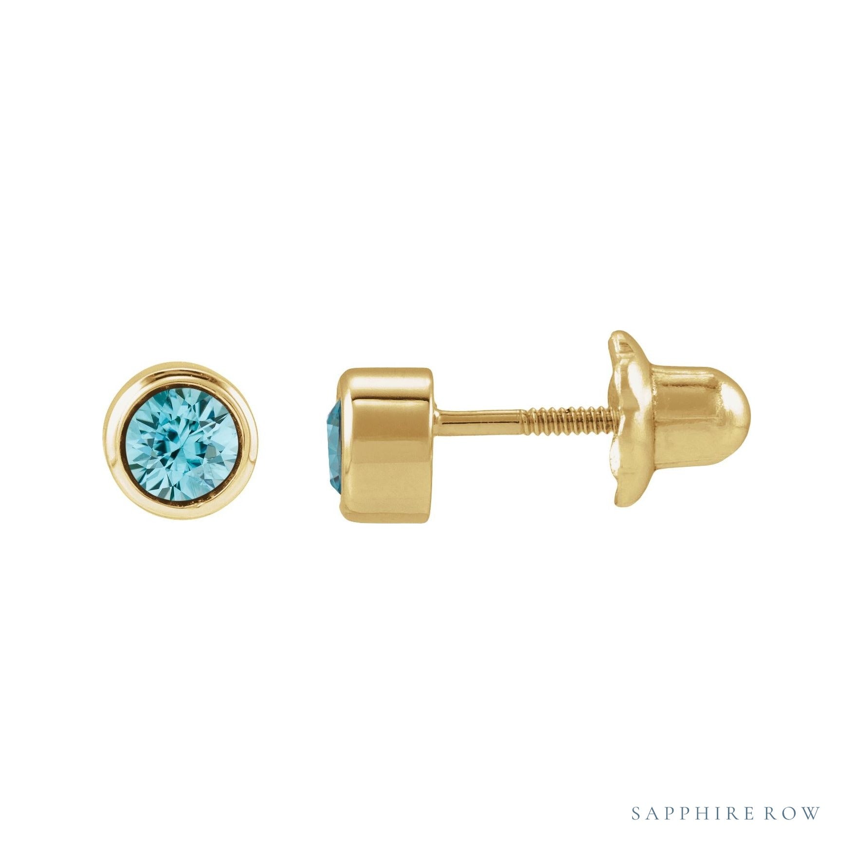 Sapphire Row Children's Natural Birthstone Screwback Studs - Blue Zircon, 14K Yellow Gold