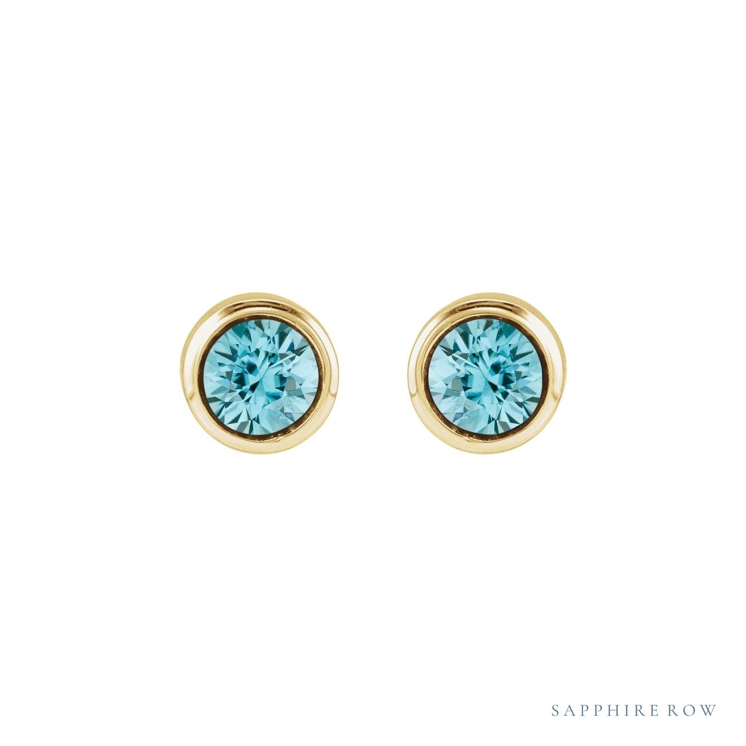Sapphire Row Children's Natural Birthstone Screwback Studs - Blue Zircon, 14K Yellow Gold (view 2)