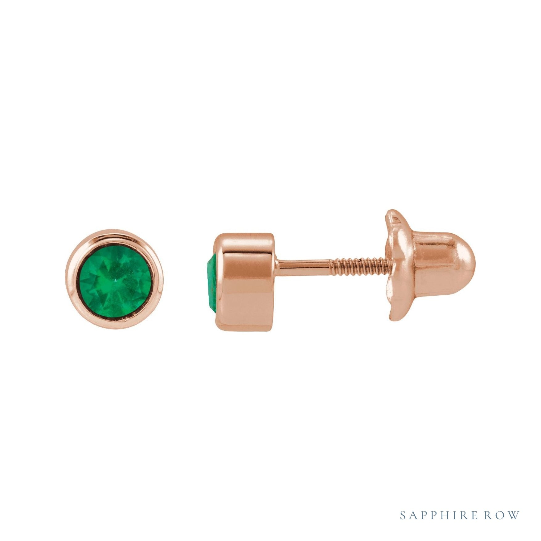 Sapphire Row Children's Natural Birthstone Screwback Studs - Emerald, 14K Rose Gold