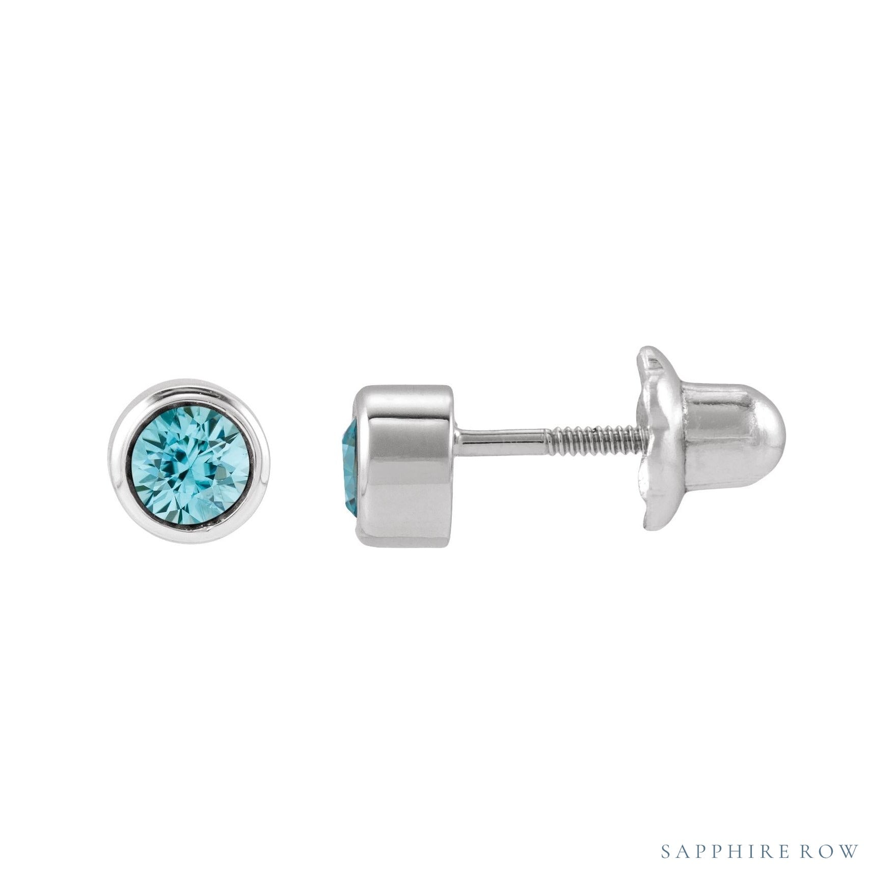 Sapphire Row Children's Natural Birthstone Screwback Studs - Blue Zircon, 14K White Gold