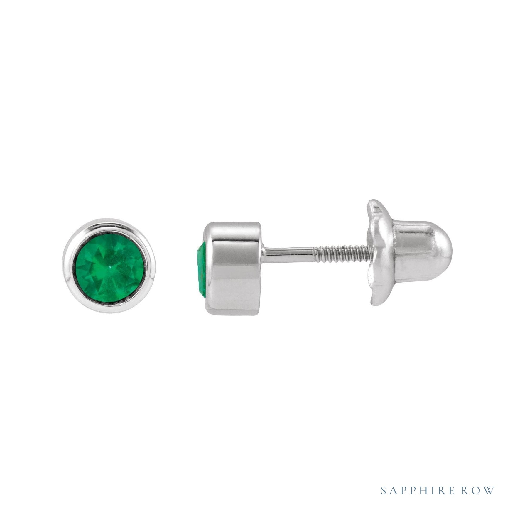 Sapphire Row Children's Lab-Grown Birthstone Screwback Studs - Emerald, 14K White Gold
