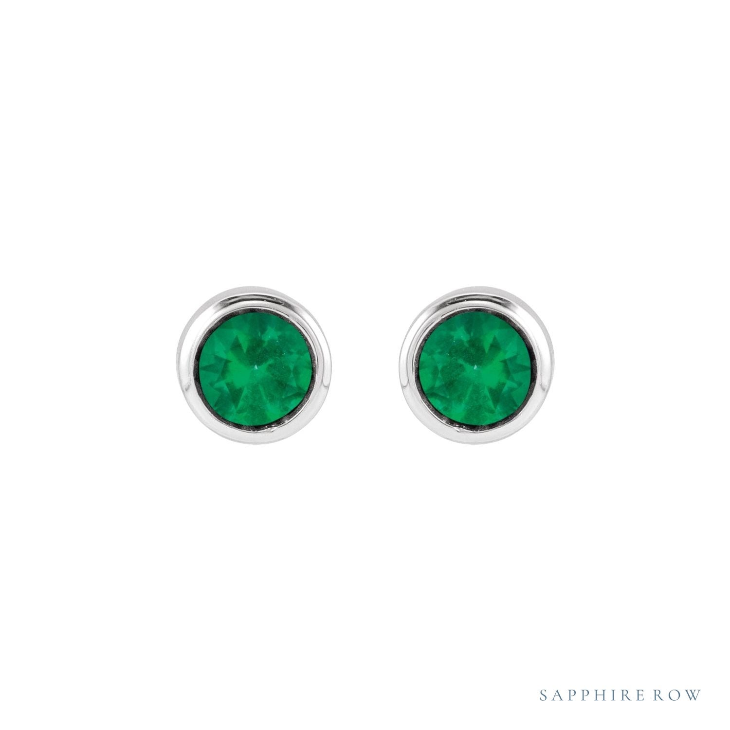 Sapphire Row Children's Lab-Grown Birthstone Screwback Studs - Emerald, 14K White Gold (view 2)
