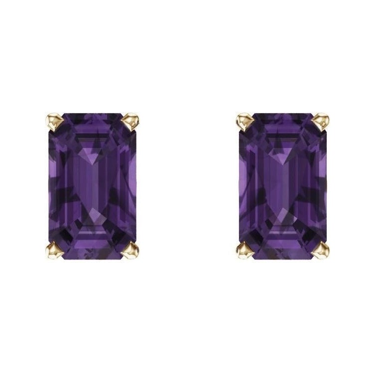 Sapphire Row Natural Emerald-Cut Gemstone Studs - Amethyst, 14K Yellow Gold (view 2)
