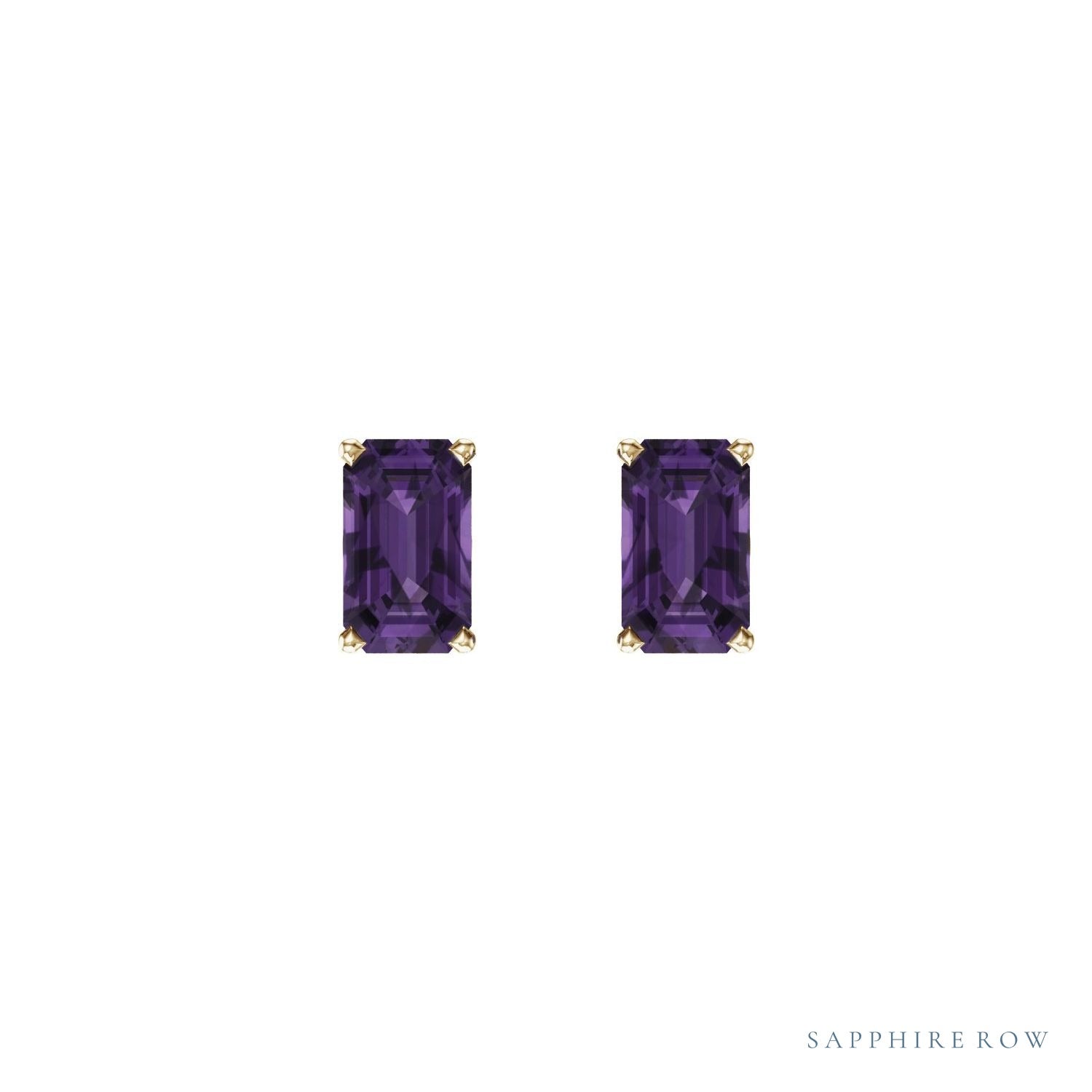 Sapphire Row Natural Emerald-Cut Gemstone Studs - Amethyst, 14K Yellow Gold (view 2)