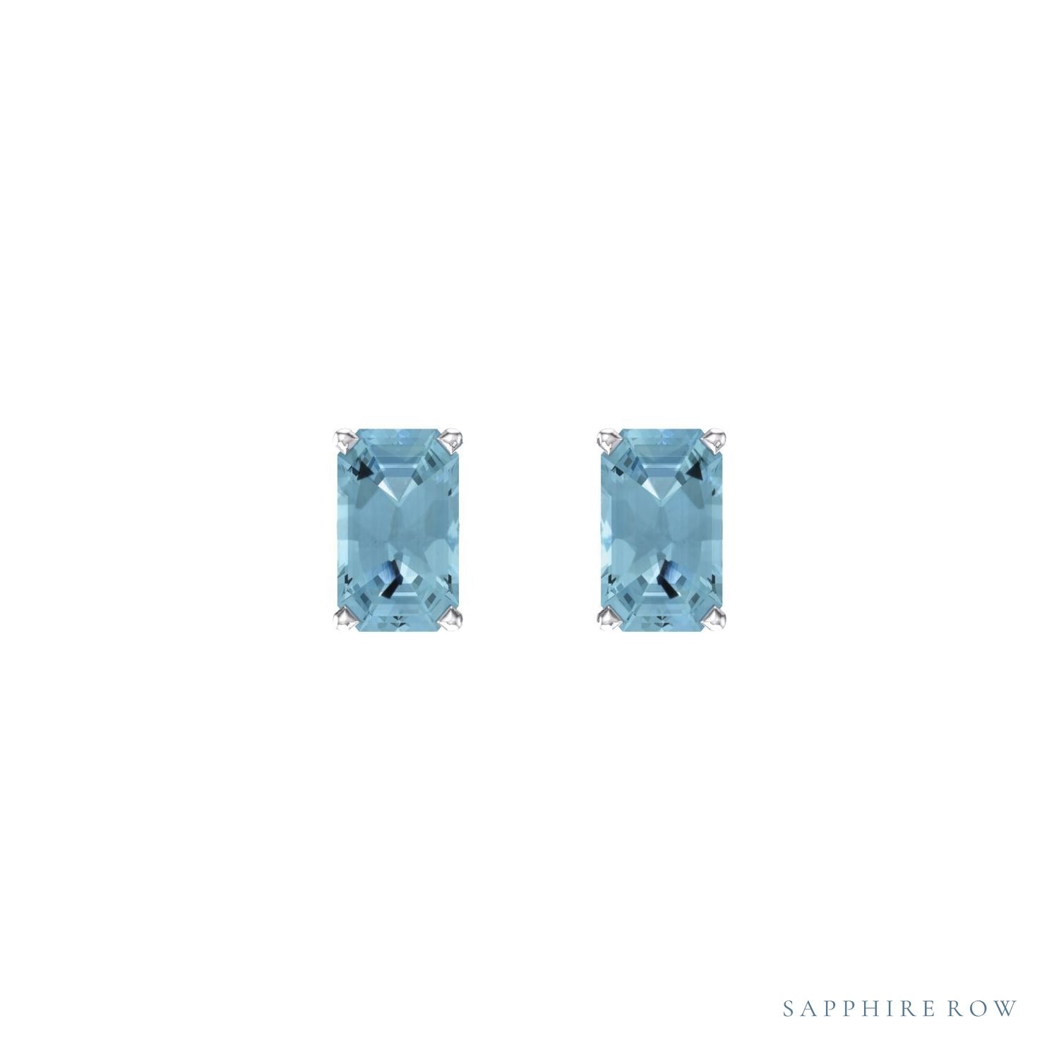 Sapphire Row Natural Emerald-Cut Gemstone Studs - Aquamarine, 14K White Gold (view 2)