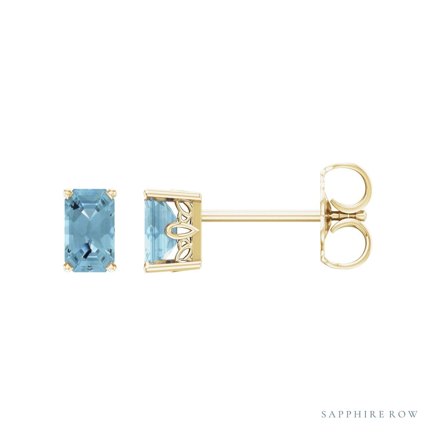 Sapphire Row Natural Emerald-Cut Gemstone Studs - Aquamarine, 14K Yellow Gold