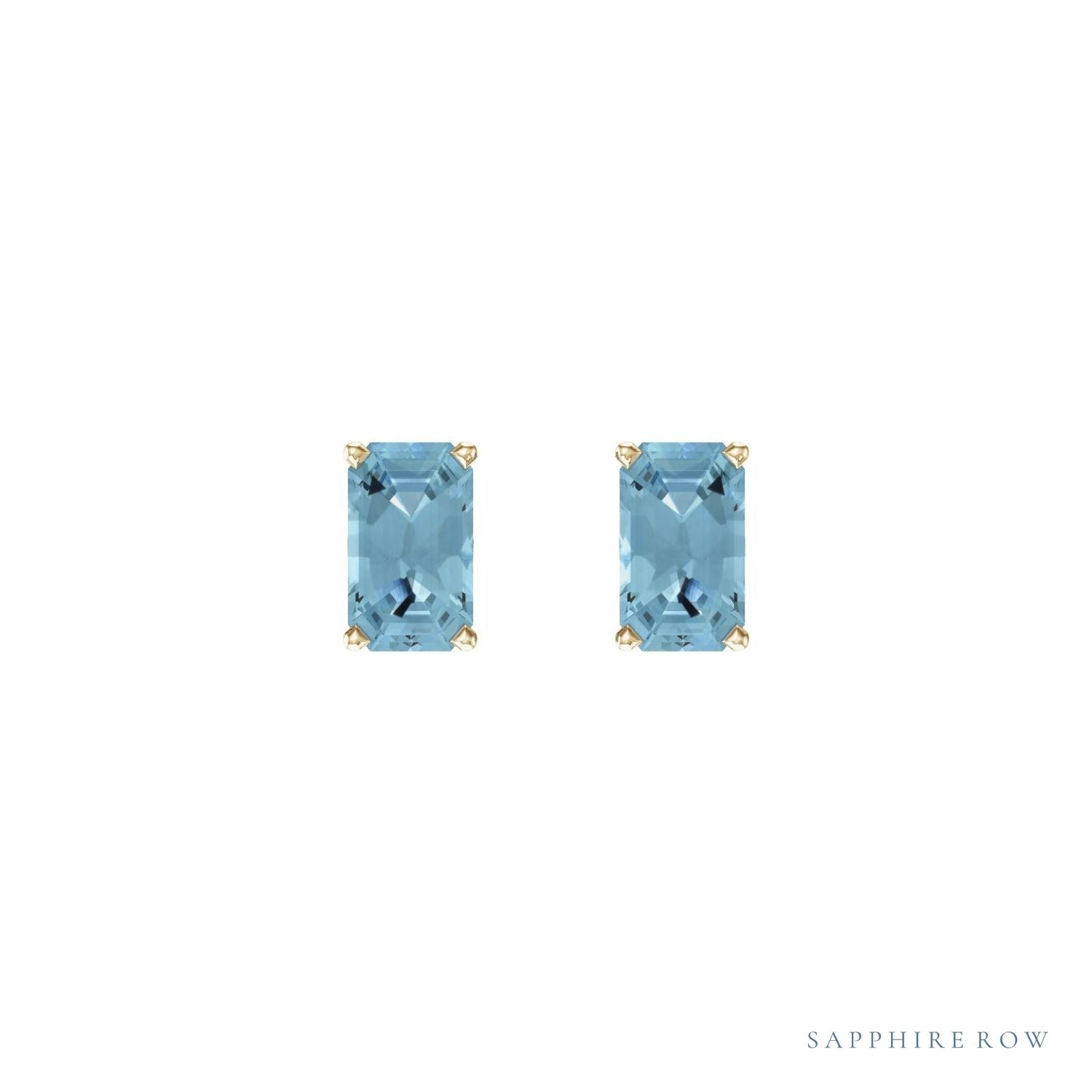 Sapphire Row Natural Emerald-Cut Gemstone Studs - Aquamarine, 14K Yellow Gold (view 2)