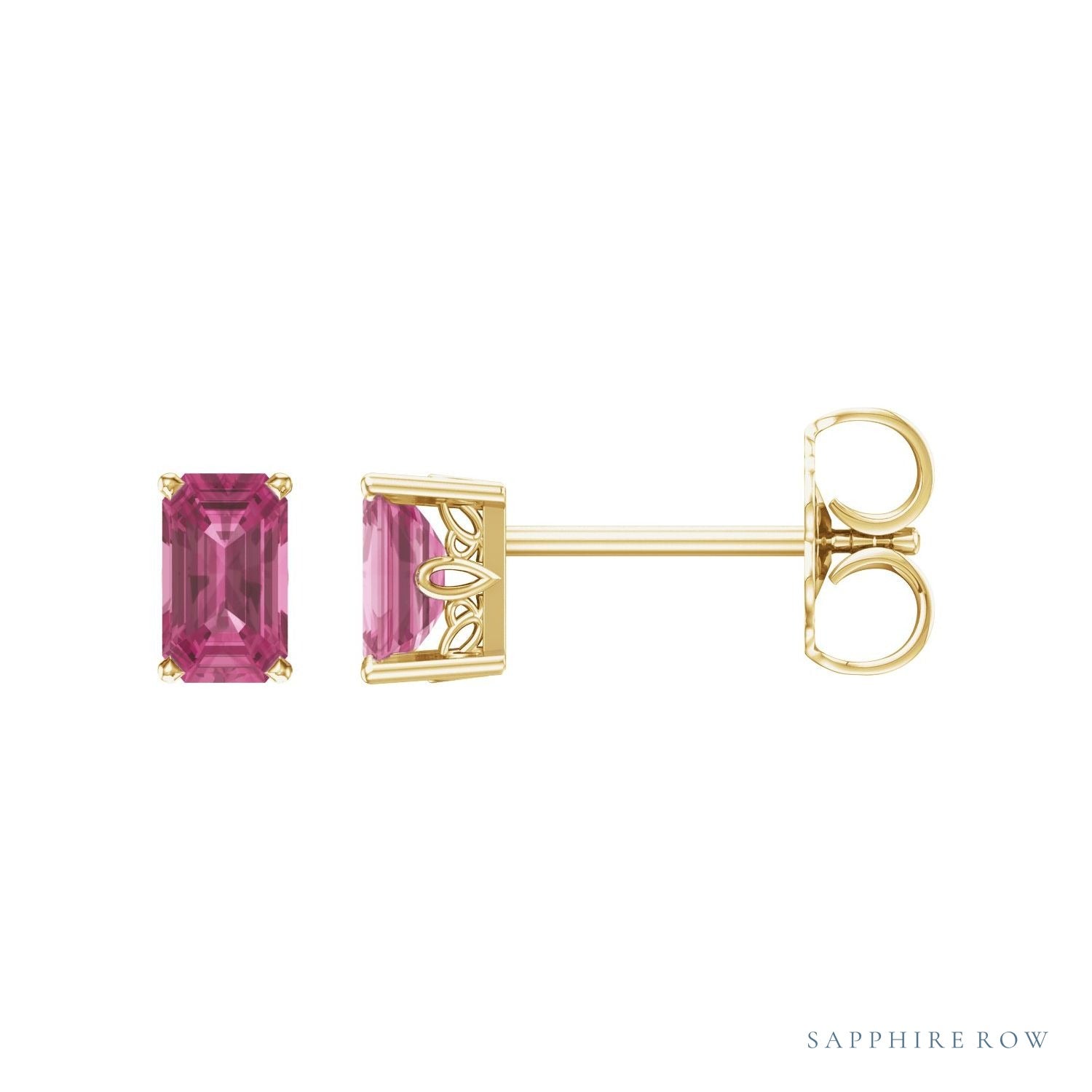 Sapphire Row Natural Emerald-Cut Gemstone Studs - Pink Tourmaline, 14K Yellow Gold