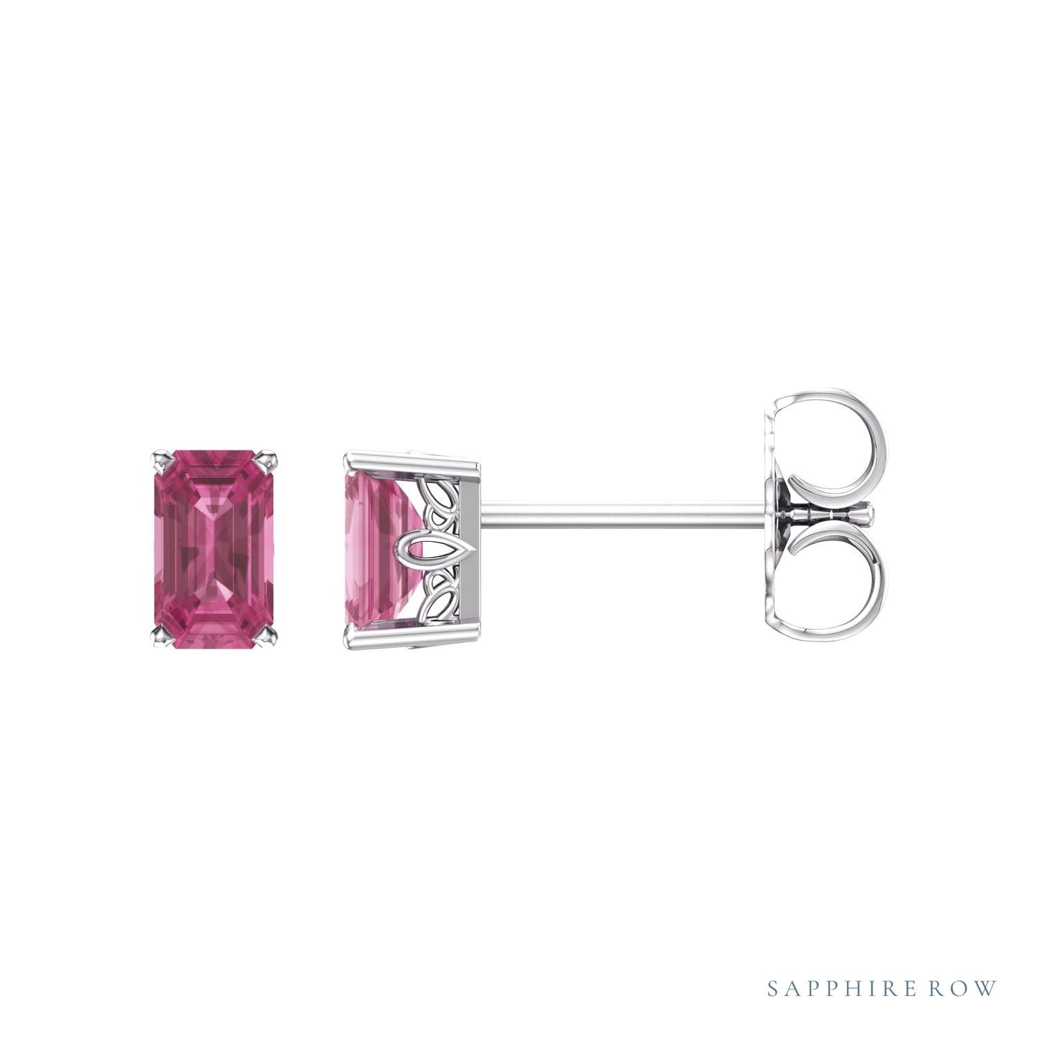 Sapphire Row Natural Emerald-Cut Gemstone Studs - Pink Tourmaline, 14K White Gold