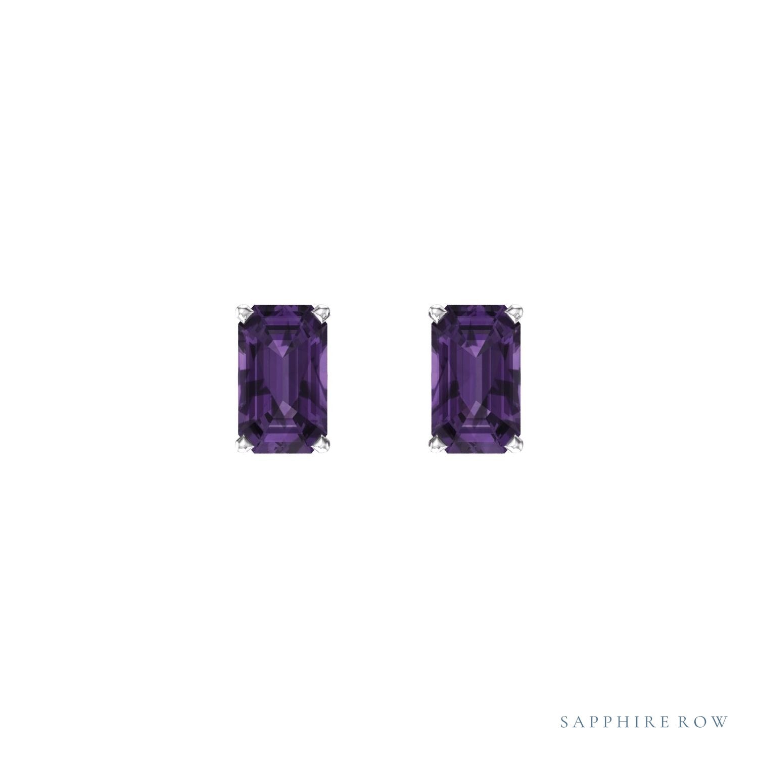 Sapphire Row Natural Emerald-Cut Gemstone Studs - Amethyst, 14K White Gold (view 2)