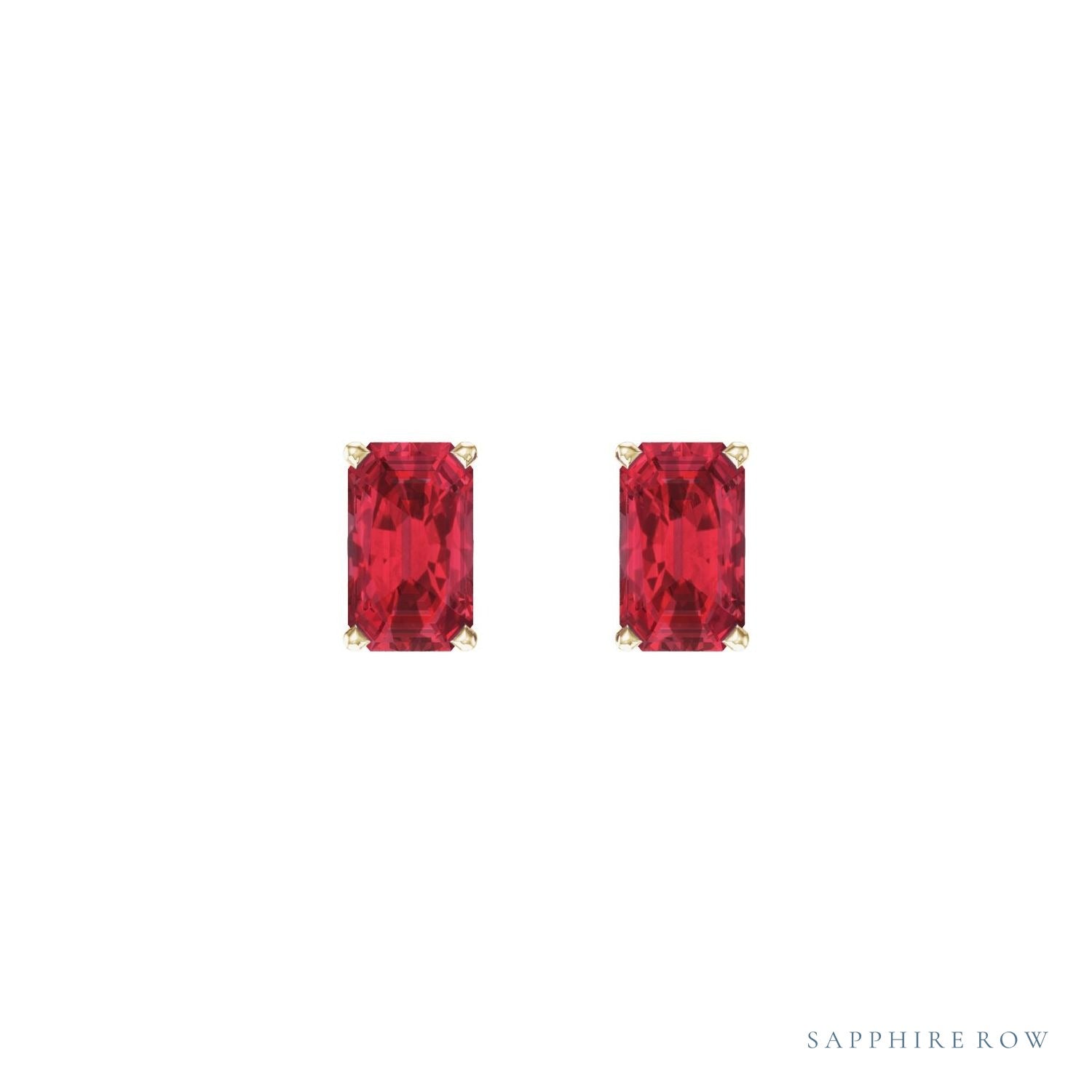 Sapphire Row Lab-Grown Emerald-Cut Gemstone Studs - Ruby, 14K Yellow Gold (view 2)