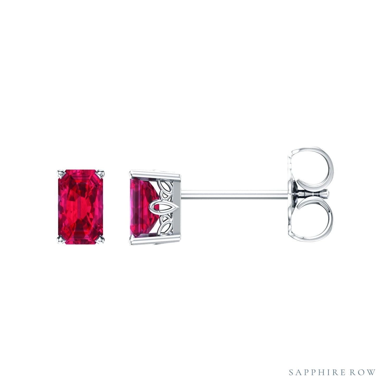 Sapphire Row Lab-Grown Emerald-Cut Gemstone Studs - Ruby, 14K White Gold