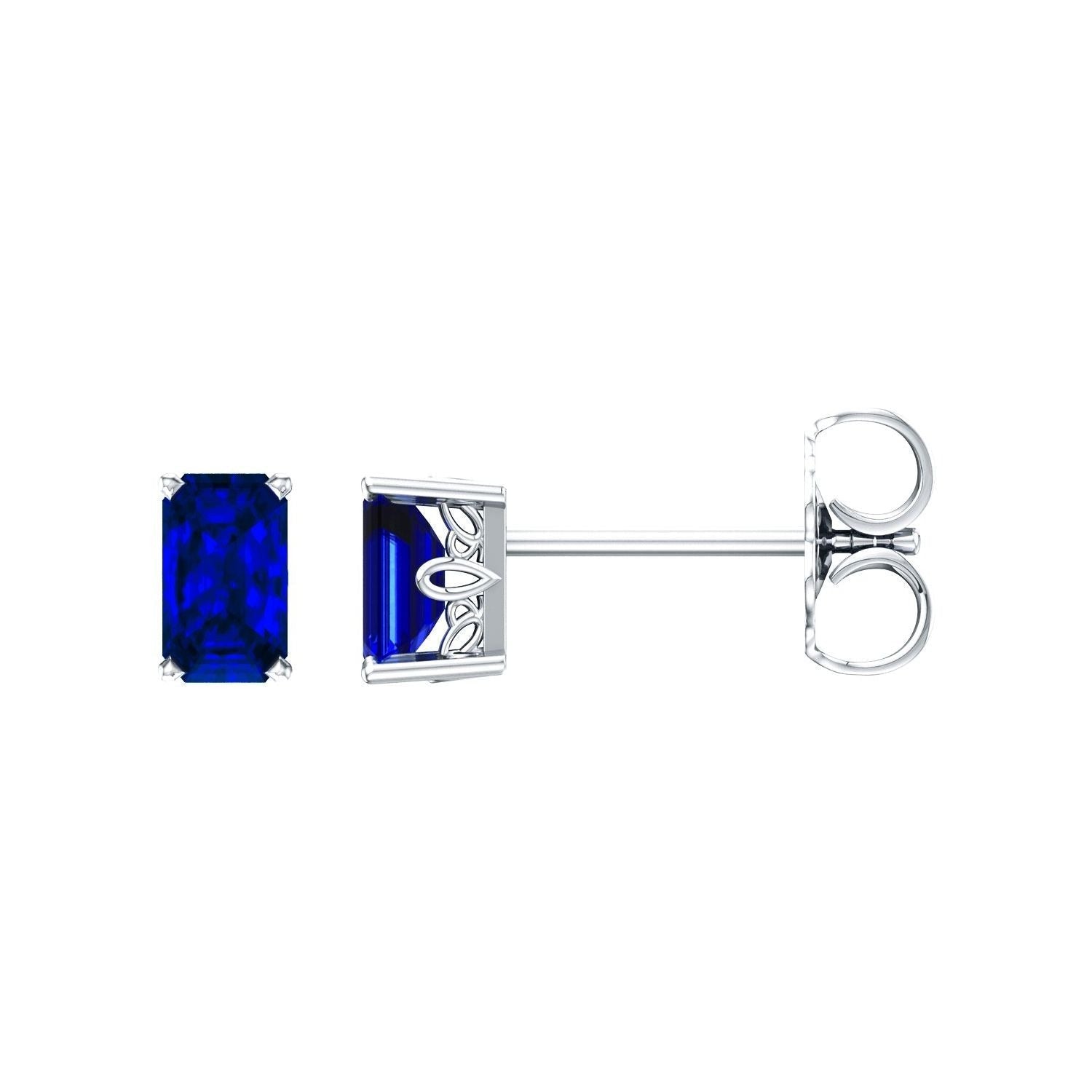 Sapphire Row Lab-Grown Emerald-Cut Gemstone Studs - Blue Sapphire, 14K White Gold