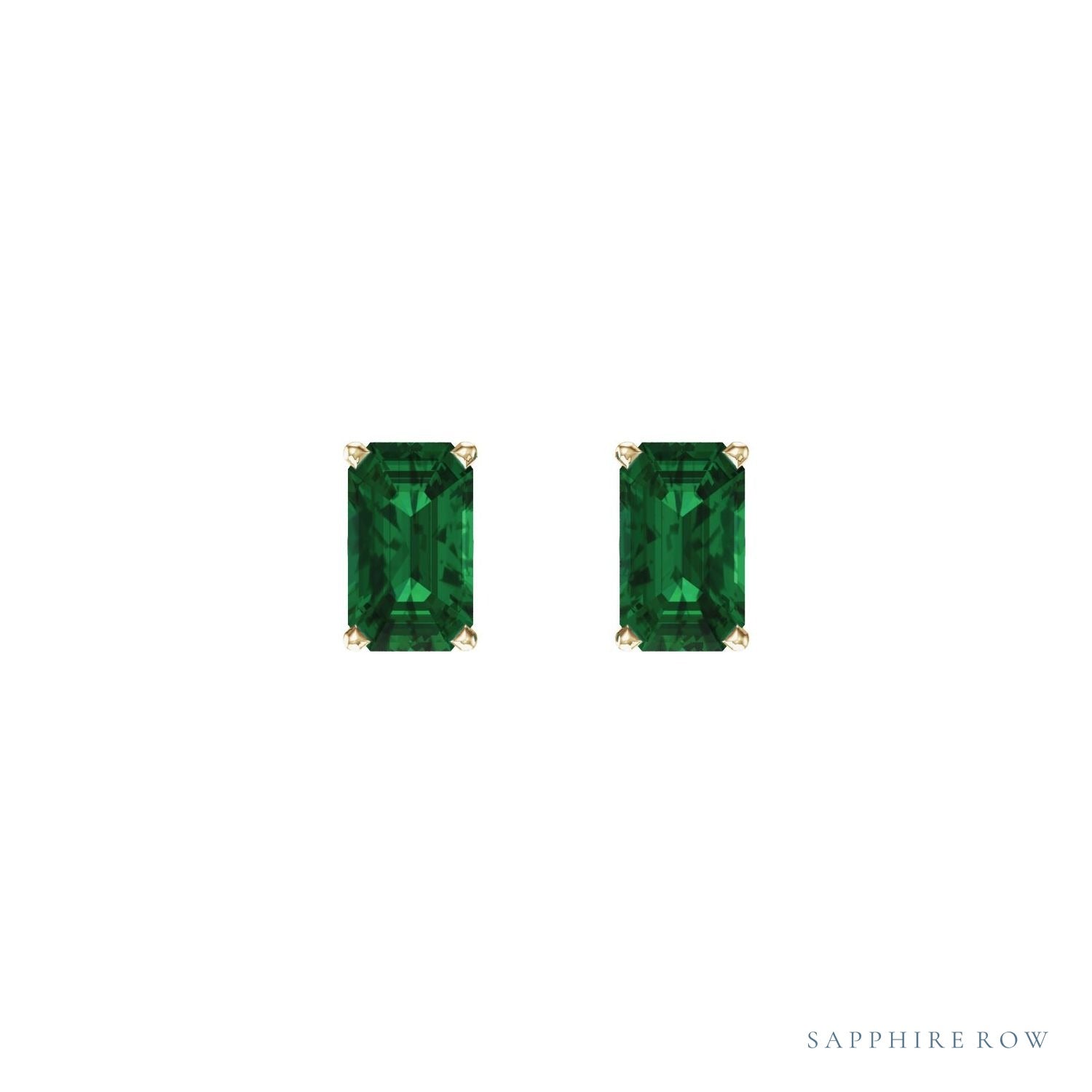 Sapphire Row Lab-Grown Emerald-Cut Gemstone Studs - Emerald, 14K Yellow Gold (view 2)