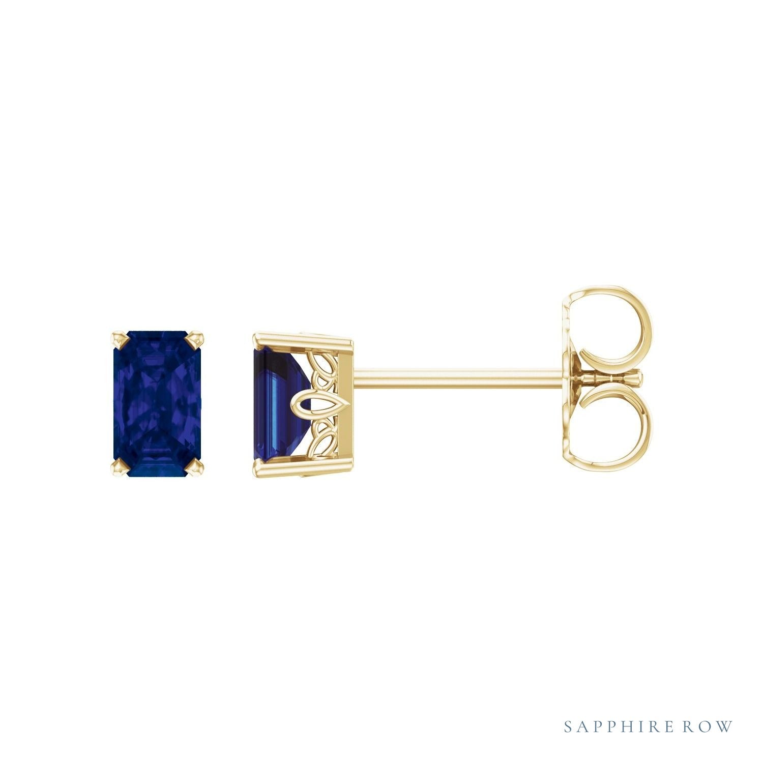 Sapphire Row Lab-Grown Emerald-Cut Gemstone Studs - Blue Sapphire, 14K Yellow Gold
