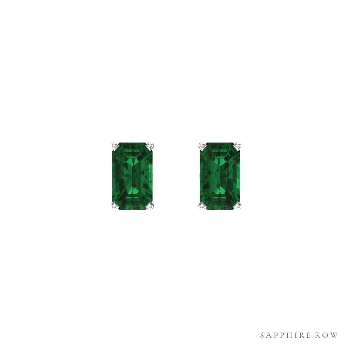 Sapphire Row Lab-Grown Emerald-Cut Gemstone Studs - Emerald, 14K White Gold (view 2)