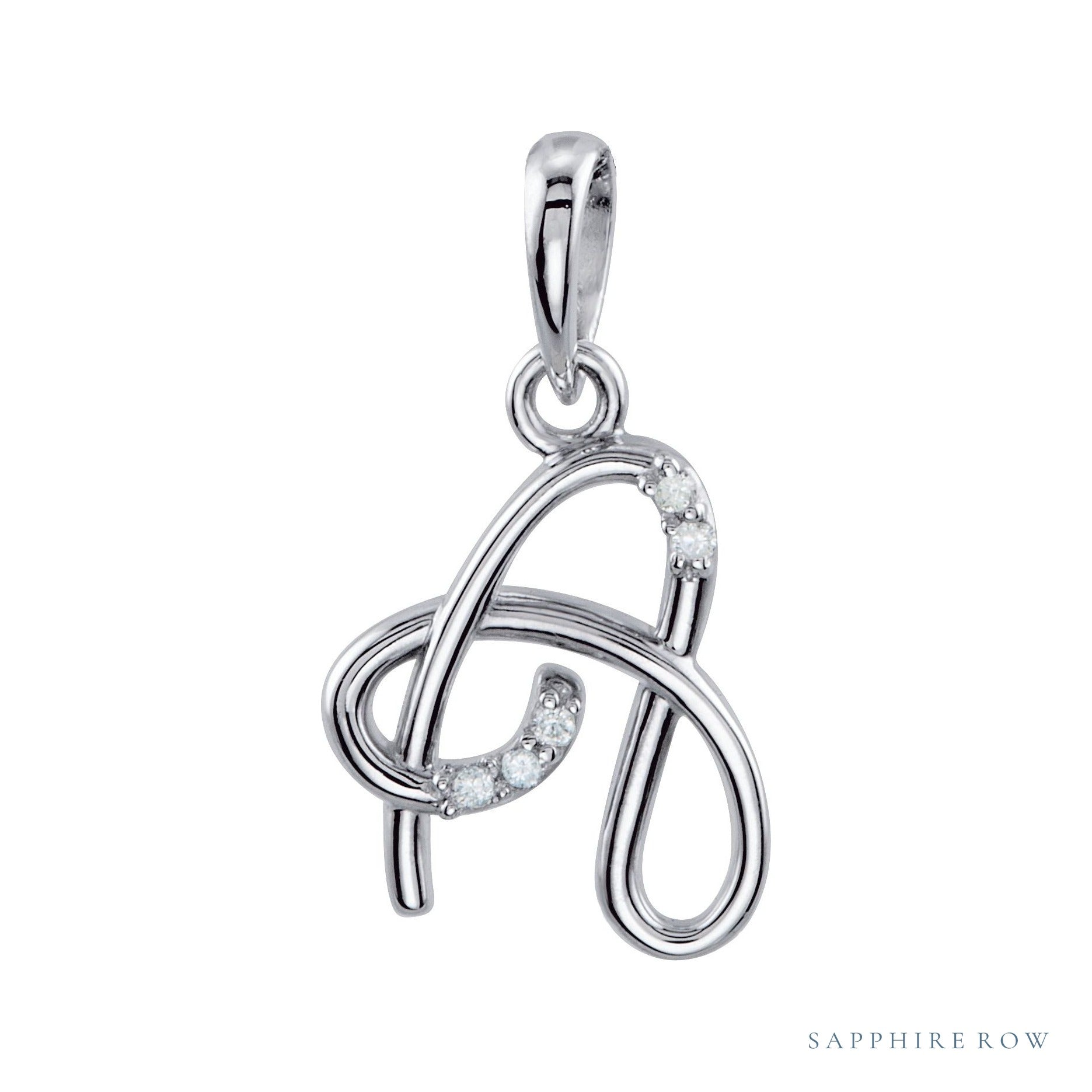 Sapphire Row Diamond Script Initial Pendant - A, 14K White Gold