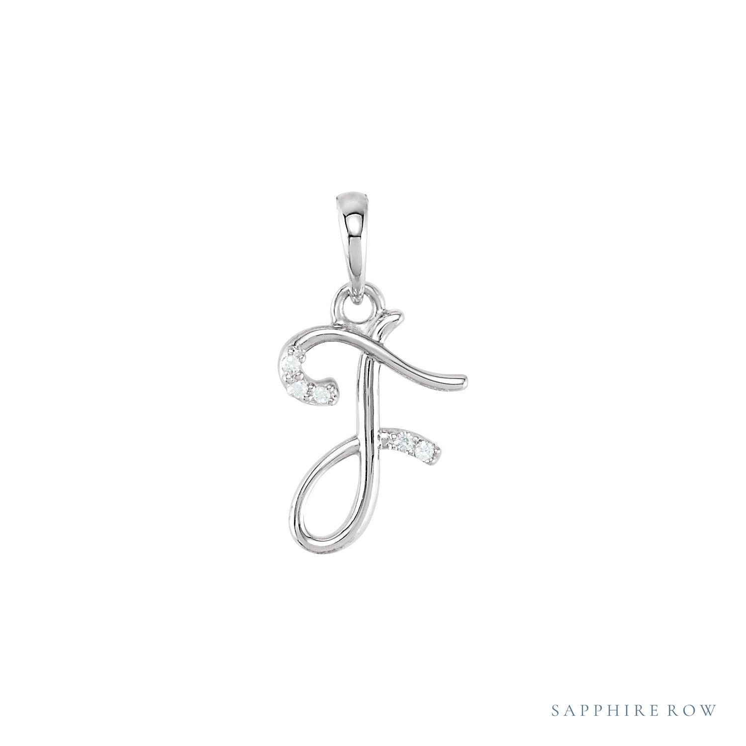Sapphire Row Diamond Script Initial Pendant - F, 14K White Gold