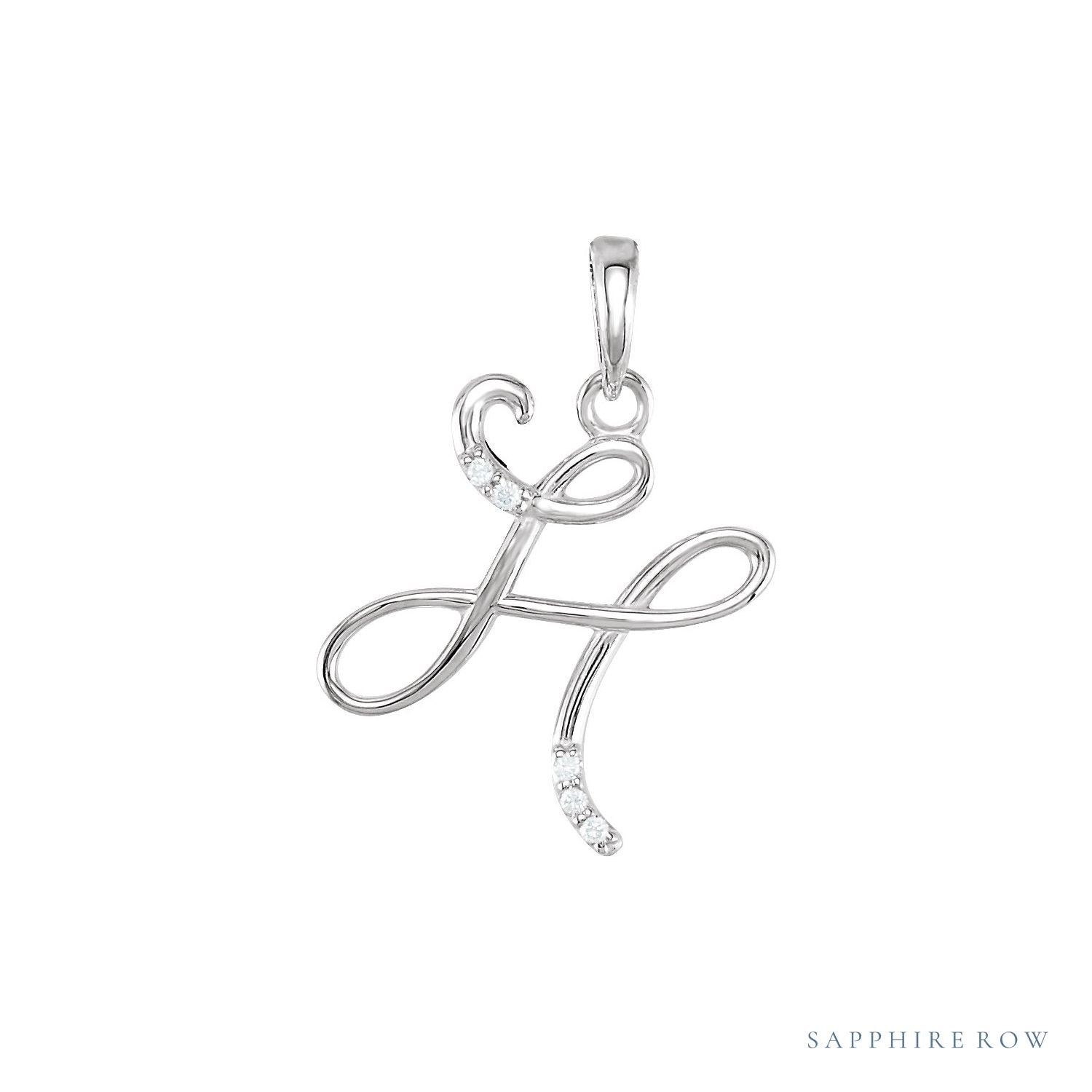 Sapphire Row Diamond Script Initial Pendant - H, 14K White Gold