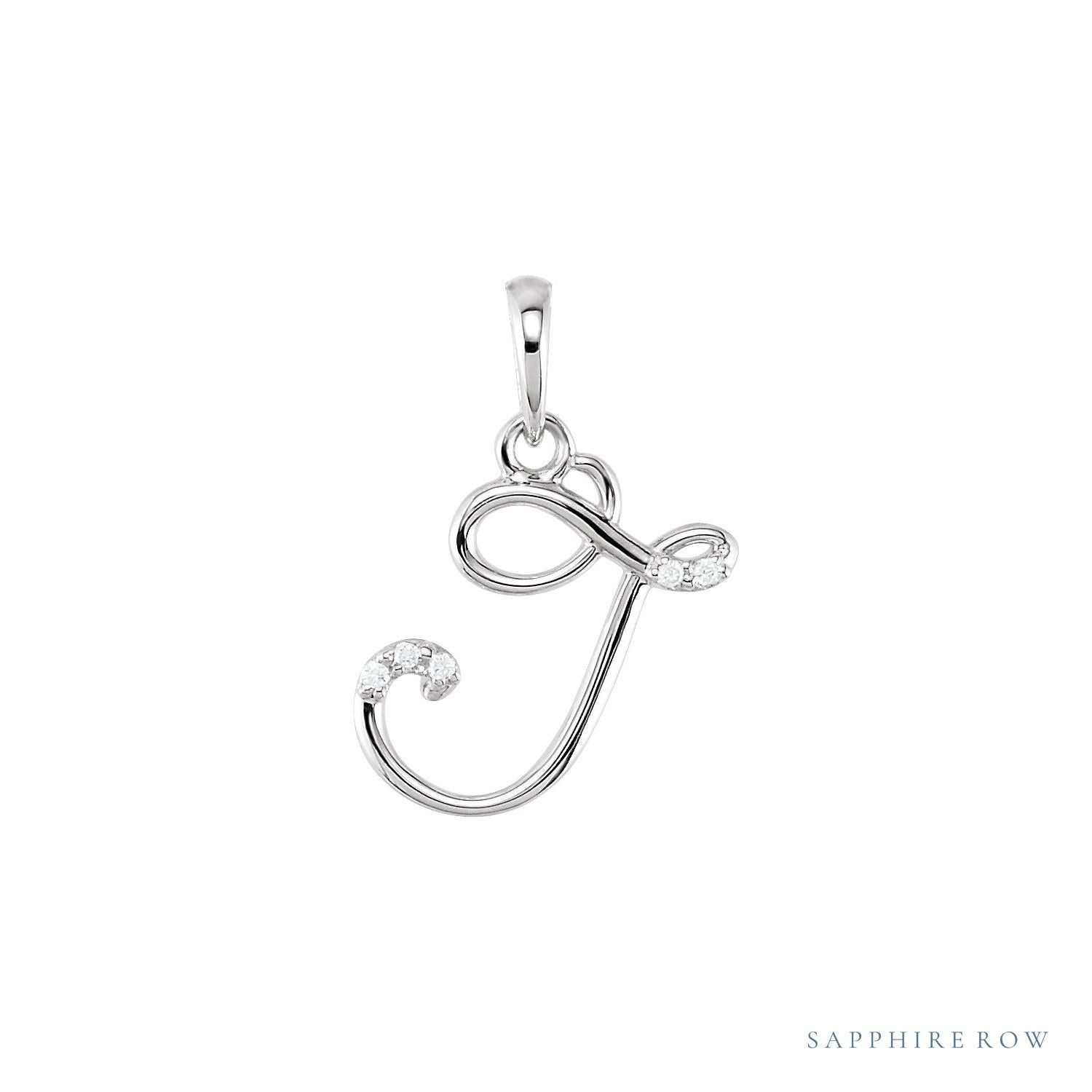 Sapphire Row Diamond Script Initial Pendant - J, 14K White Gold