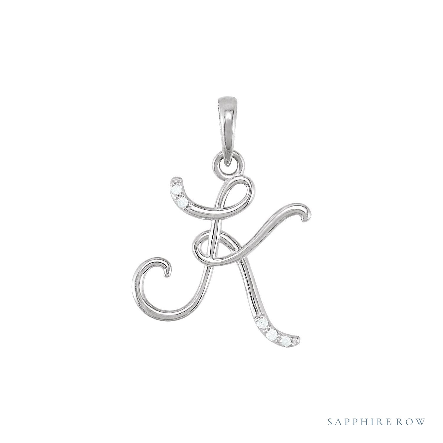 Sapphire Row Diamond Script Initial Pendant - K, 14K White Gold