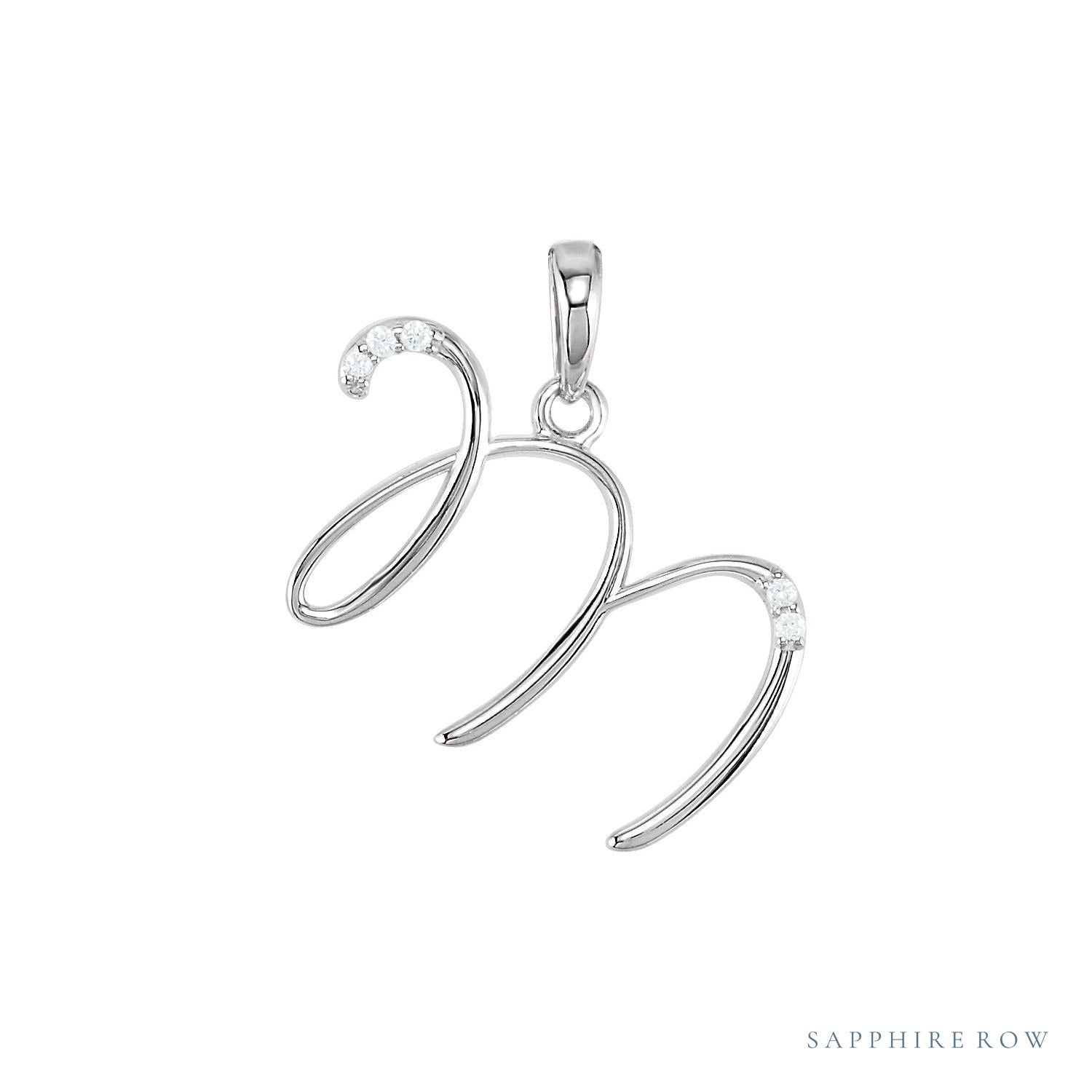 Sapphire Row Diamond Script Initial Pendant - M, 14K White Gold