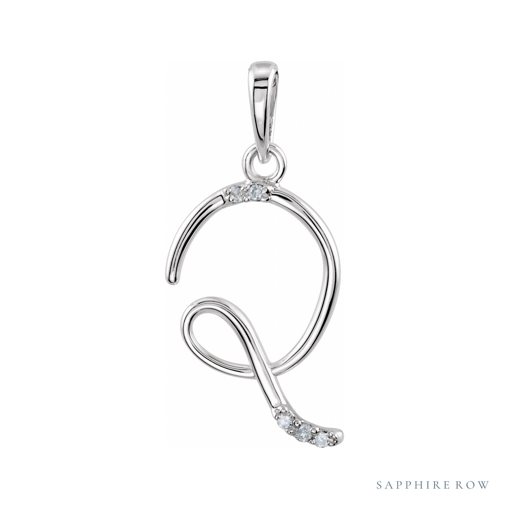 Sapphire Row Diamond Script Initial Pendant - Q, 14K White Gold