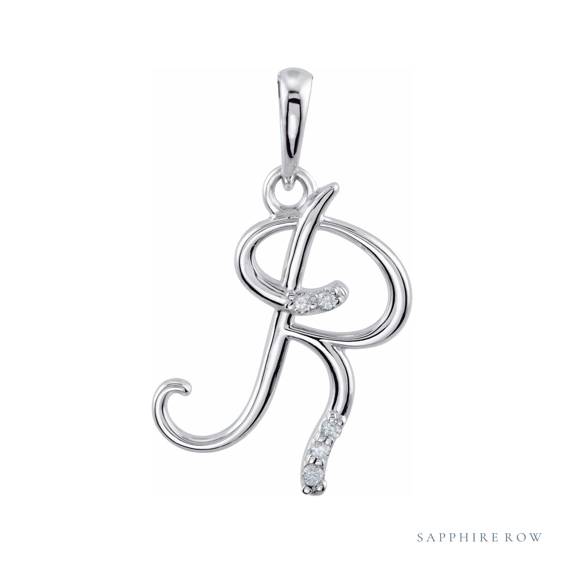 Sapphire Row Diamond Script Initial Pendant - R, 14K White Gold