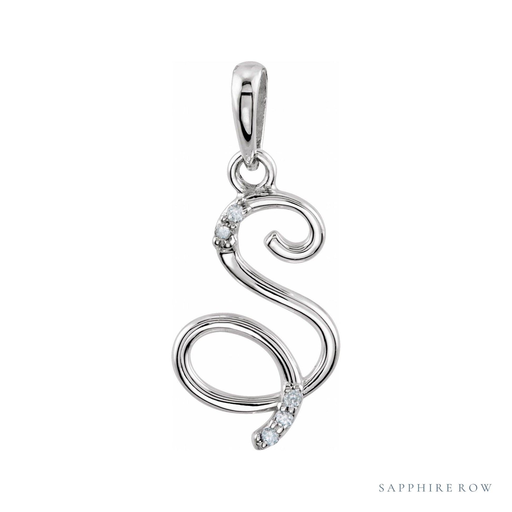 Sapphire Row Diamond Script Initial Pendant - S, 14K White Gold