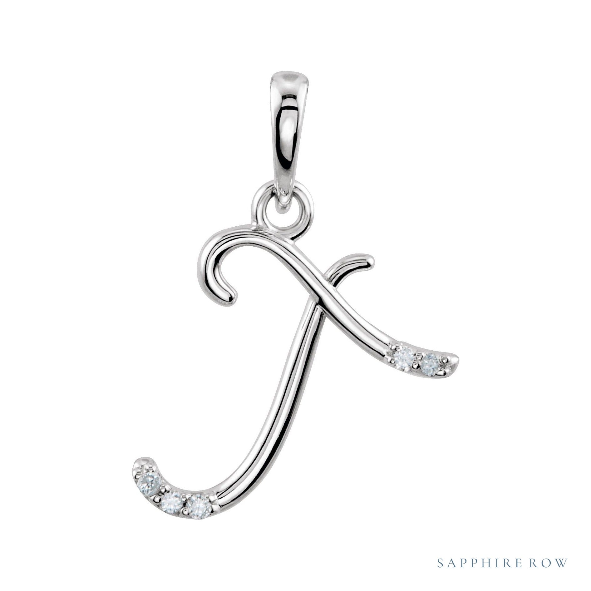 Sapphire Row Diamond Script Initial Pendant - T, 14K White Gold