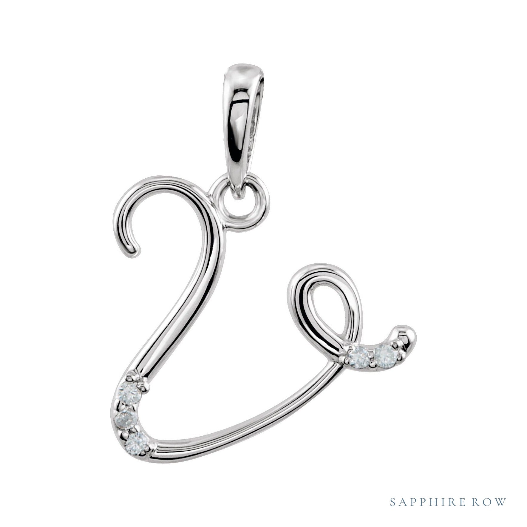 Sapphire Row Diamond Script Initial Pendant - V, 14K White Gold