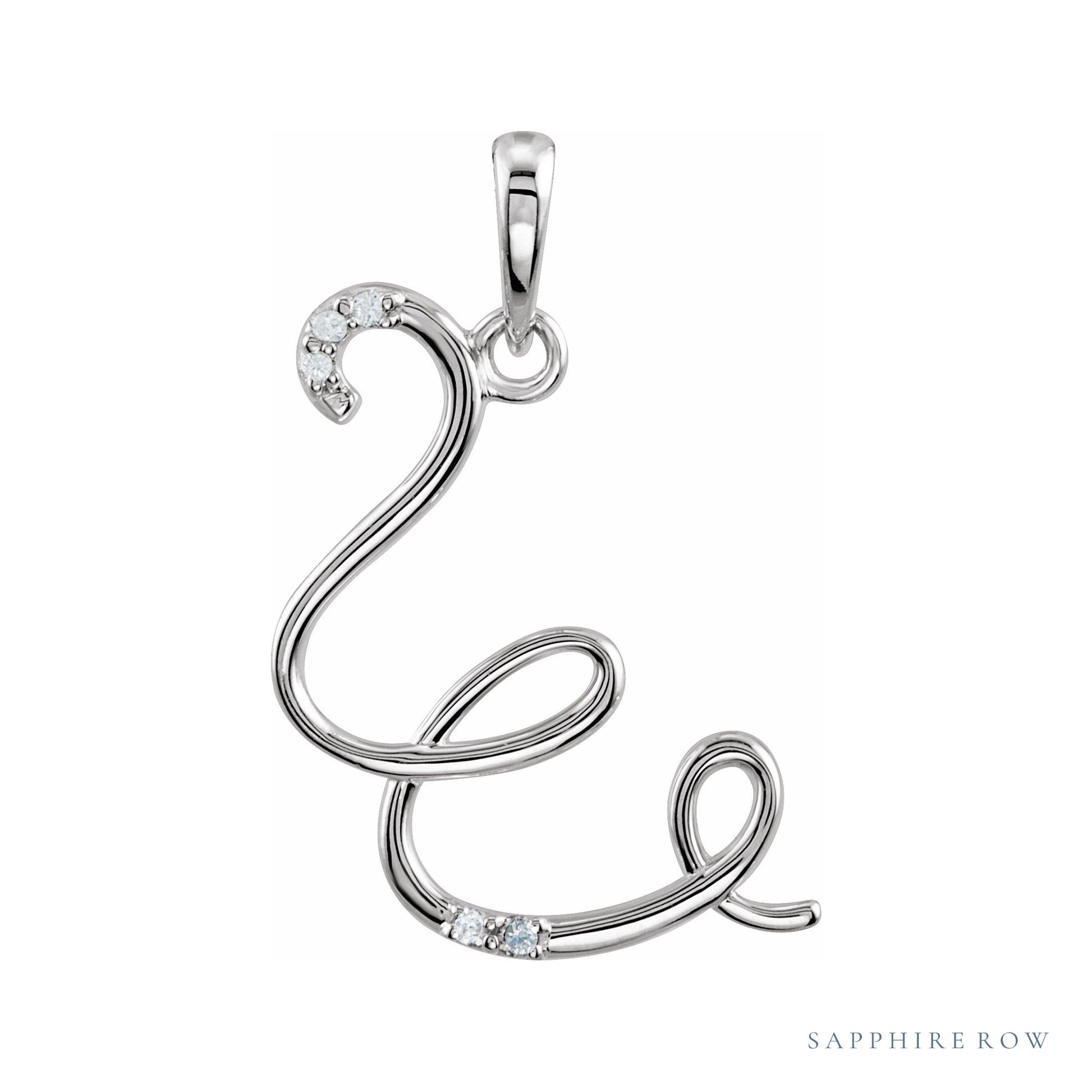 Sapphire Row Diamond Script Initial Pendant - W, 14K White Gold