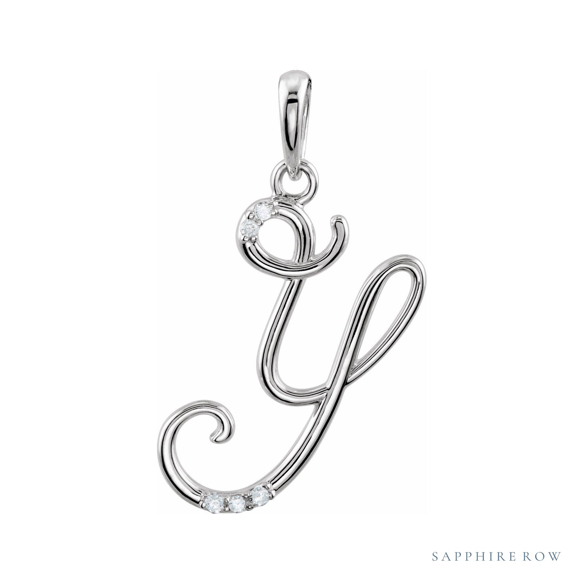 Sapphire Row Diamond Script Initial Pendant - Y, 14K White Gold