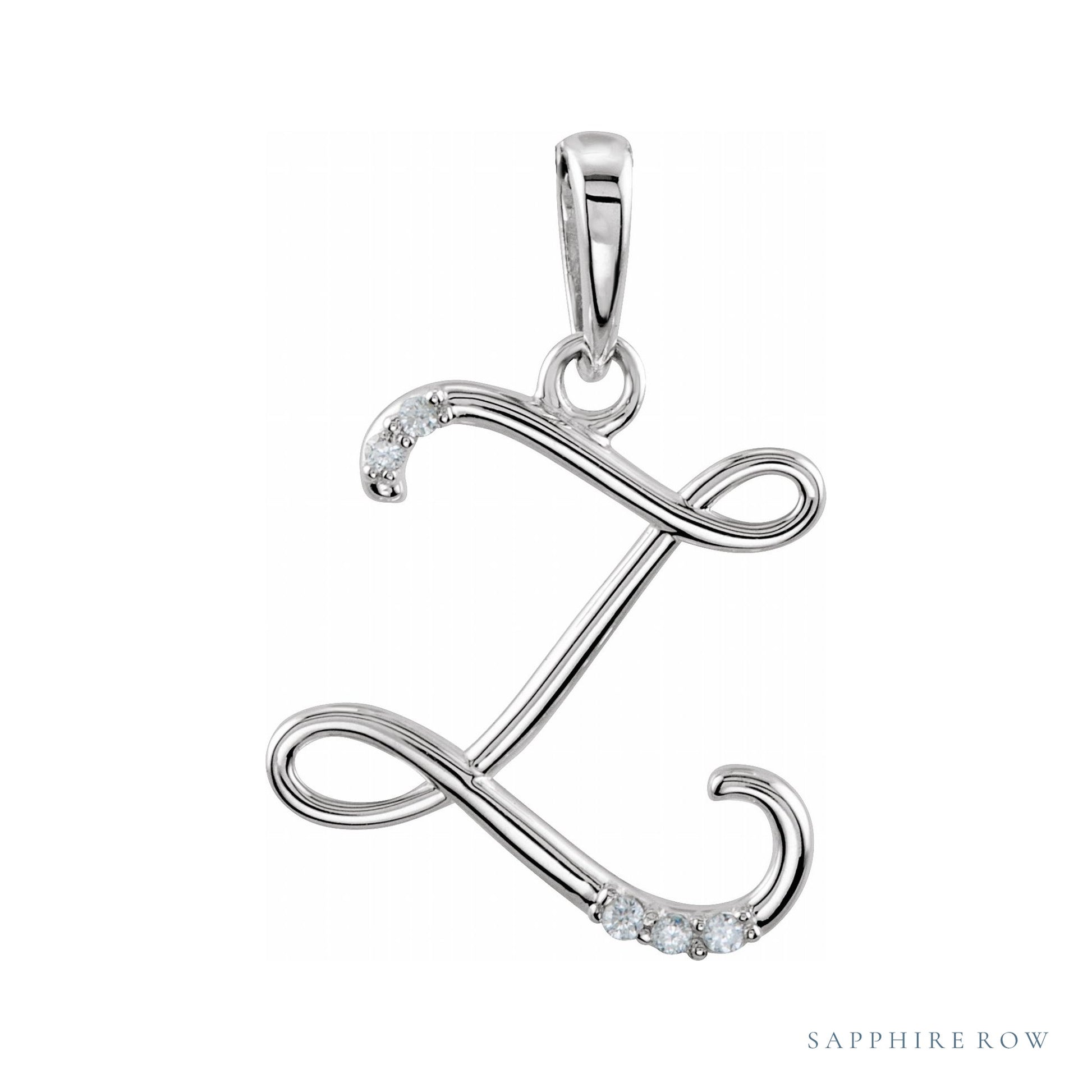 Sapphire Row Diamond Script Initial Pendant - Z, 14K White Gold