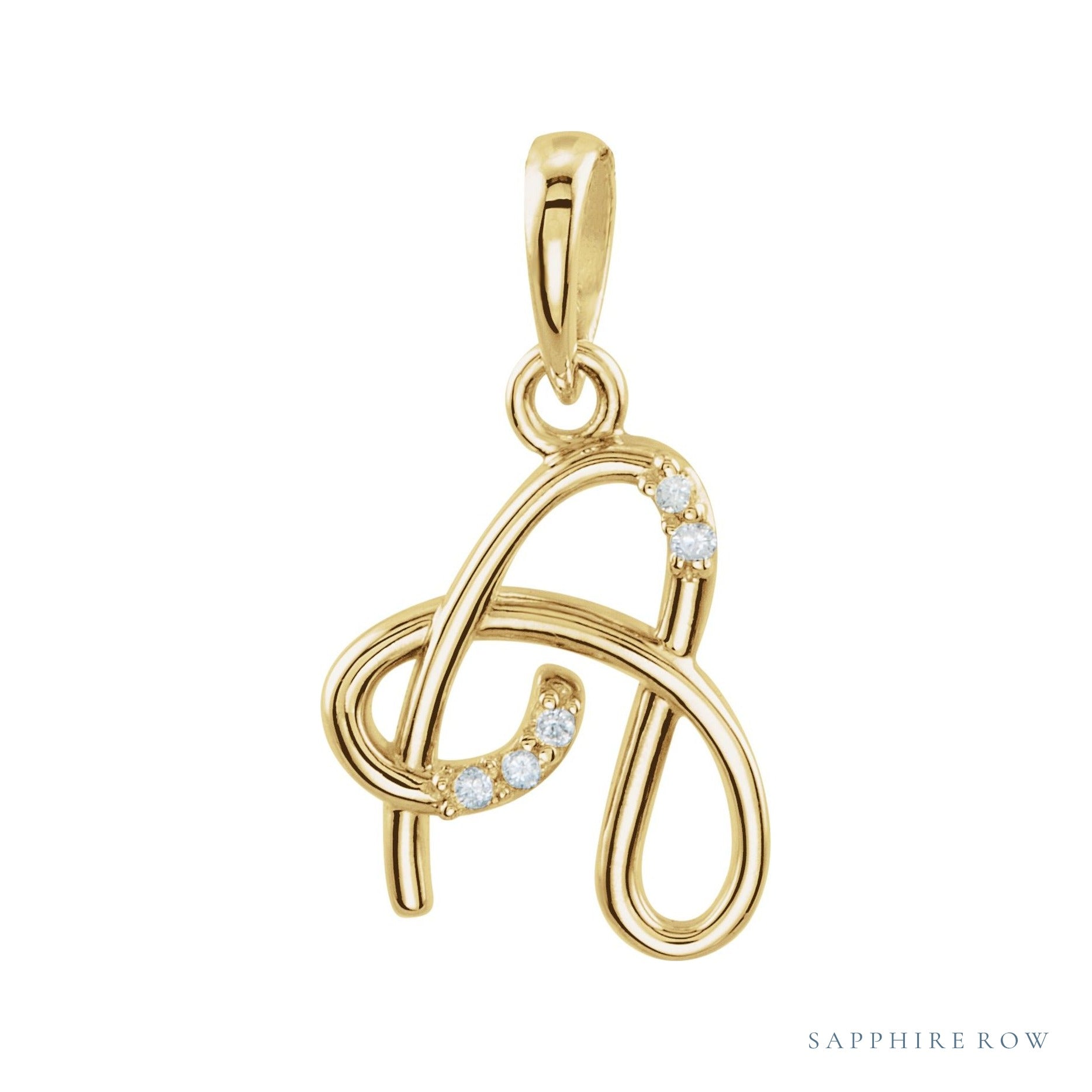 Sapphire Row Diamond Script Initial Pendant - A, 14K Yellow Gold