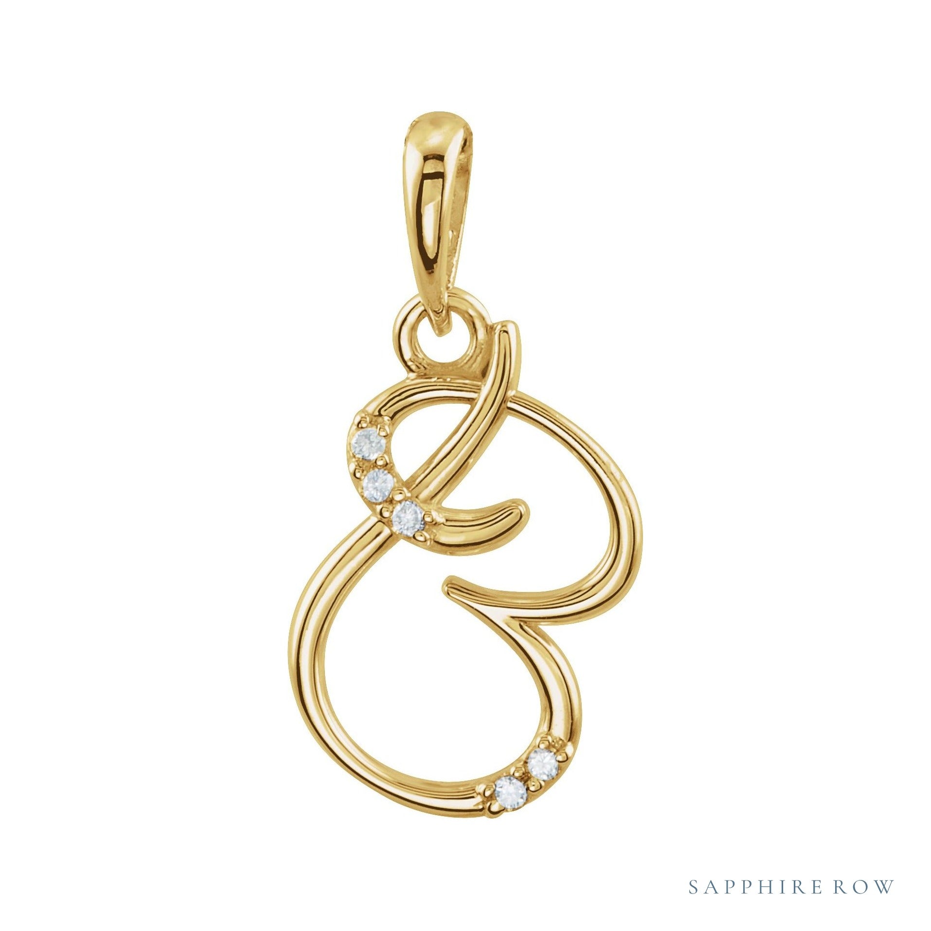 Sapphire Row Diamond Script Initial Pendant - B, 14K Yellow Gold