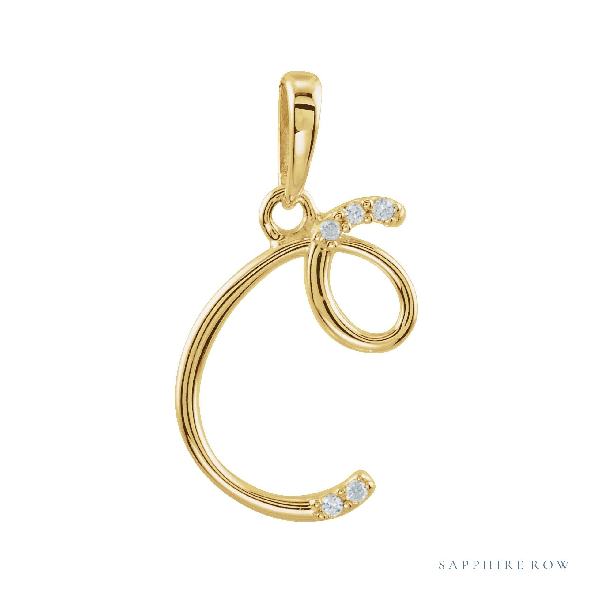 Sapphire Row Diamond Script Initial Pendant - C, 14K Yellow Gold