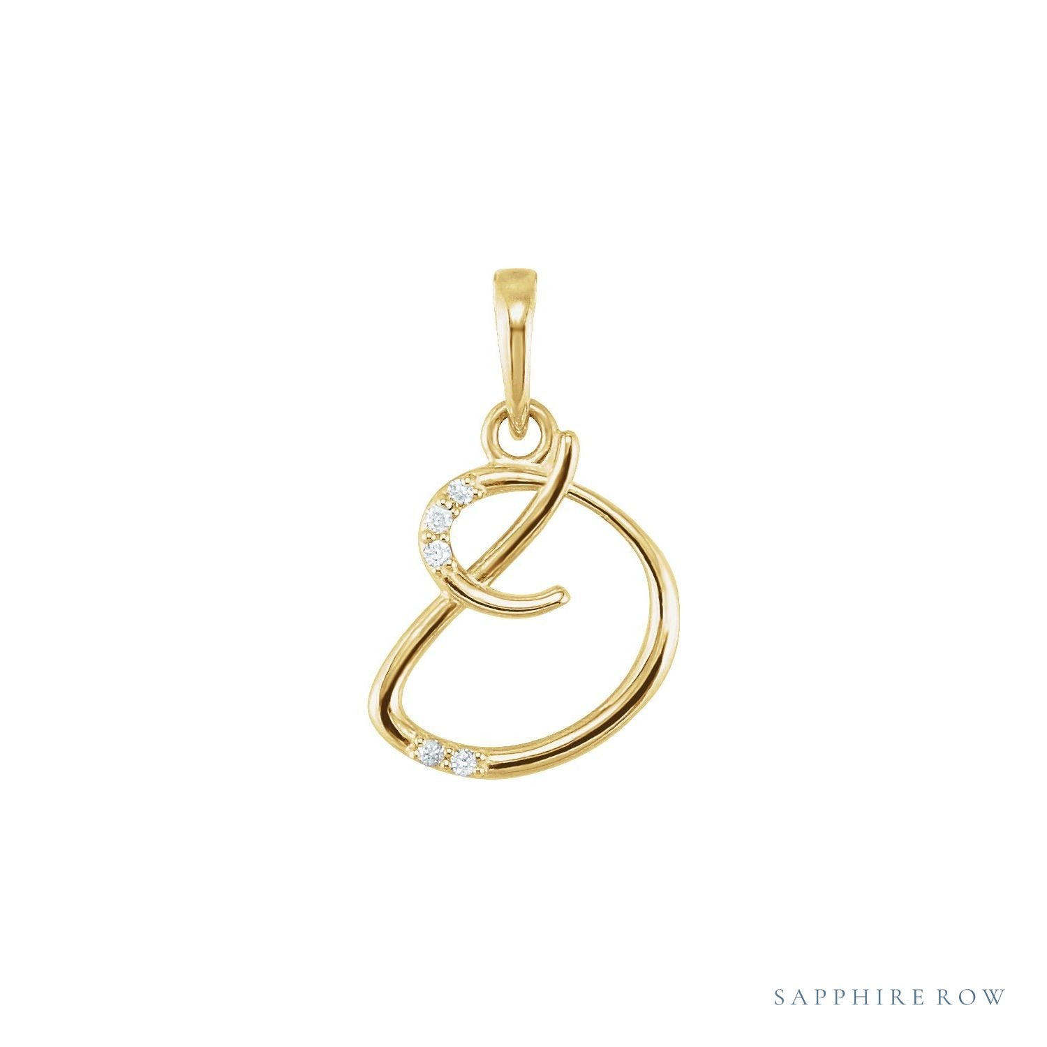 Sapphire Row Diamond Script Initial Pendant - D, 14K Yellow Gold