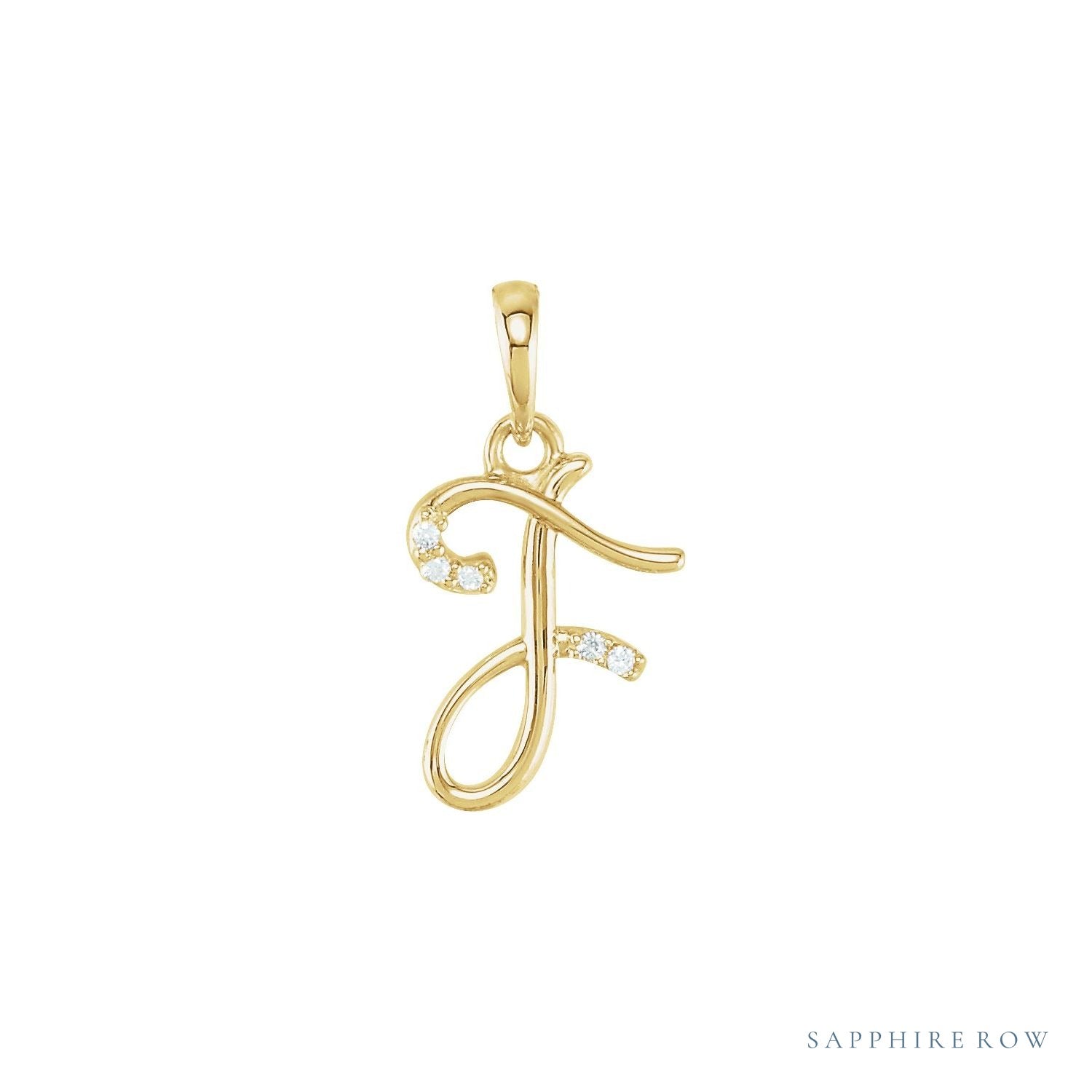 Sapphire Row Diamond Script Initial Pendant - F, 14K Yellow Gold