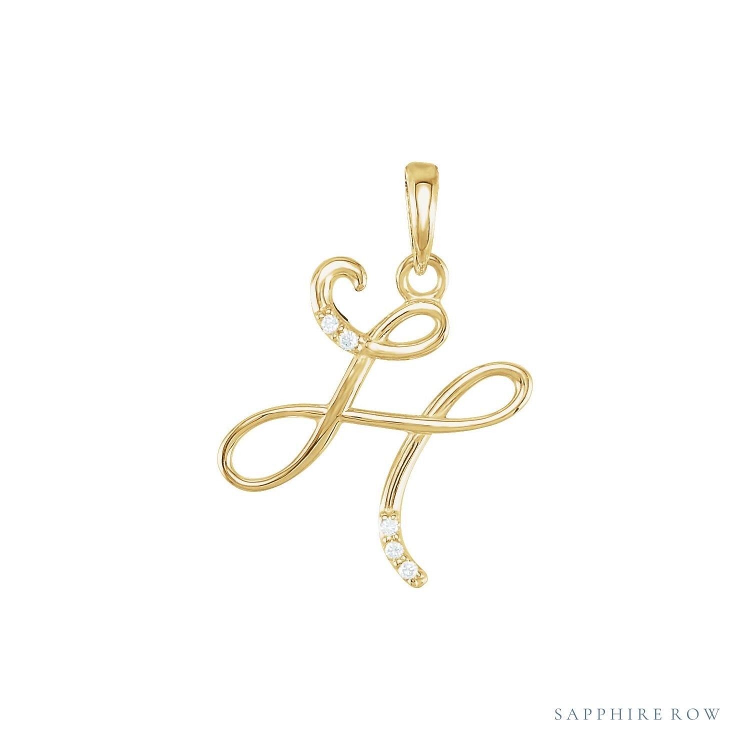 Sapphire Row Diamond Script Initial Pendant - H, 14K Yellow Gold